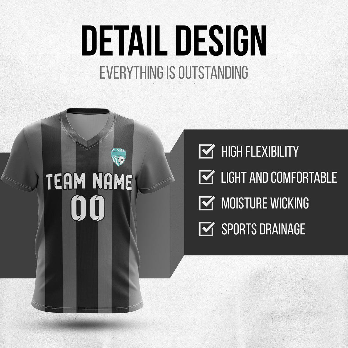 Custom Striker Stripe V-Neck Dark Grey Soccer Sport Tops Jersey