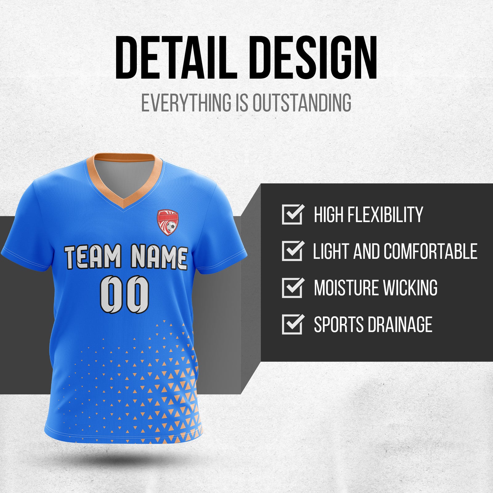 Custom Tri-Edge V-Side Pattern Blue  Soccer Sport Tops Jersey