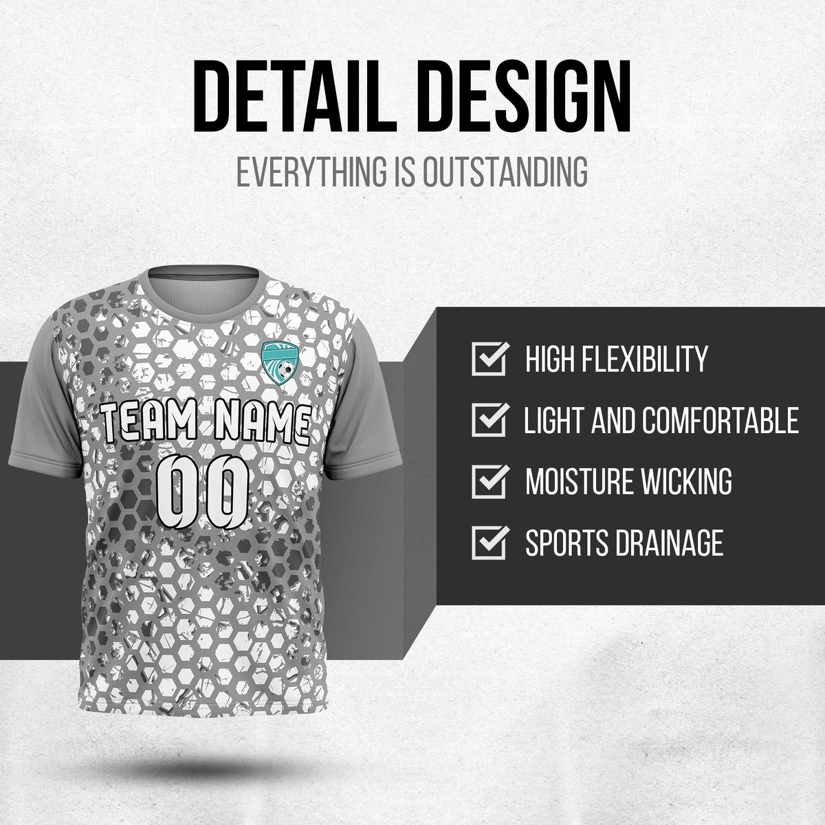 Custom Soccer Dark Grey Round Neck Hex Pattern Sports Tops Jersey