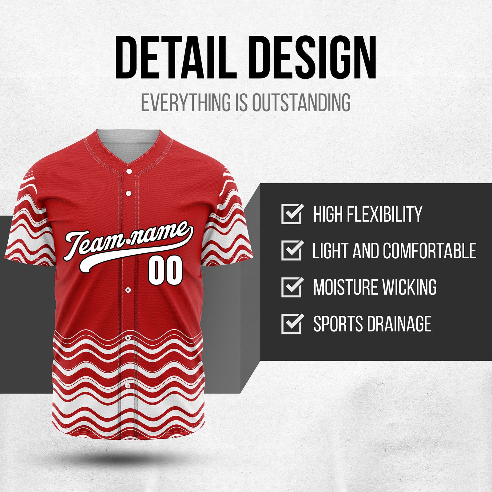 Custom Red Baseball Wave Sports Jersey Personalized Uniform with Name & Number