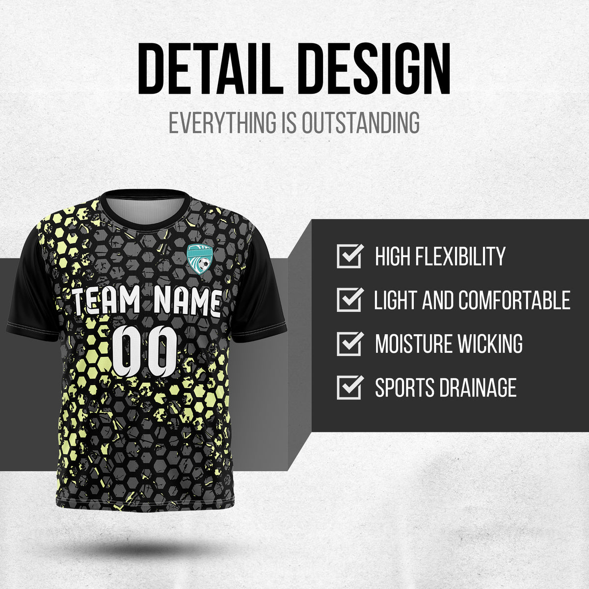 Custom Soccer Black Round Neck Hex Pattern Sports Tops Jersey