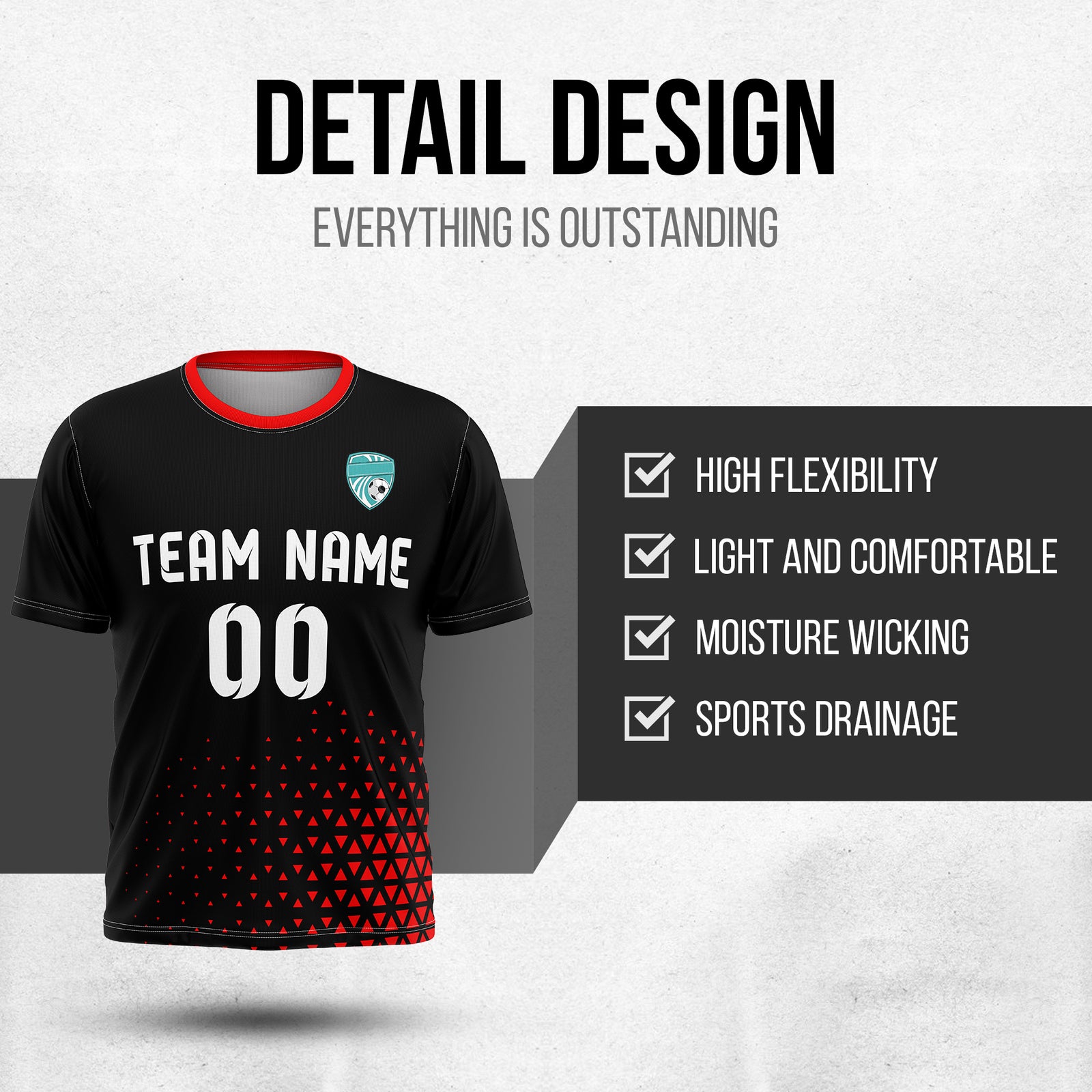 Custom Soccer R Side Pattern Black Tri-Edge Sports Tops Jersey
