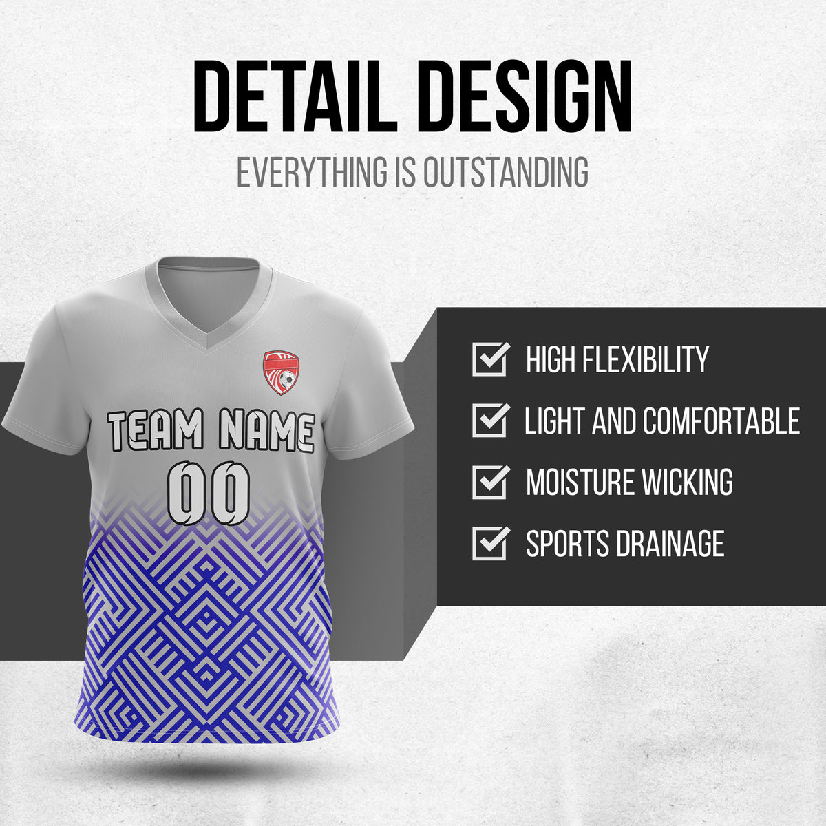 Custom Shadow Line V-Side Pattern Grey Soccer Sport Tops Jersey