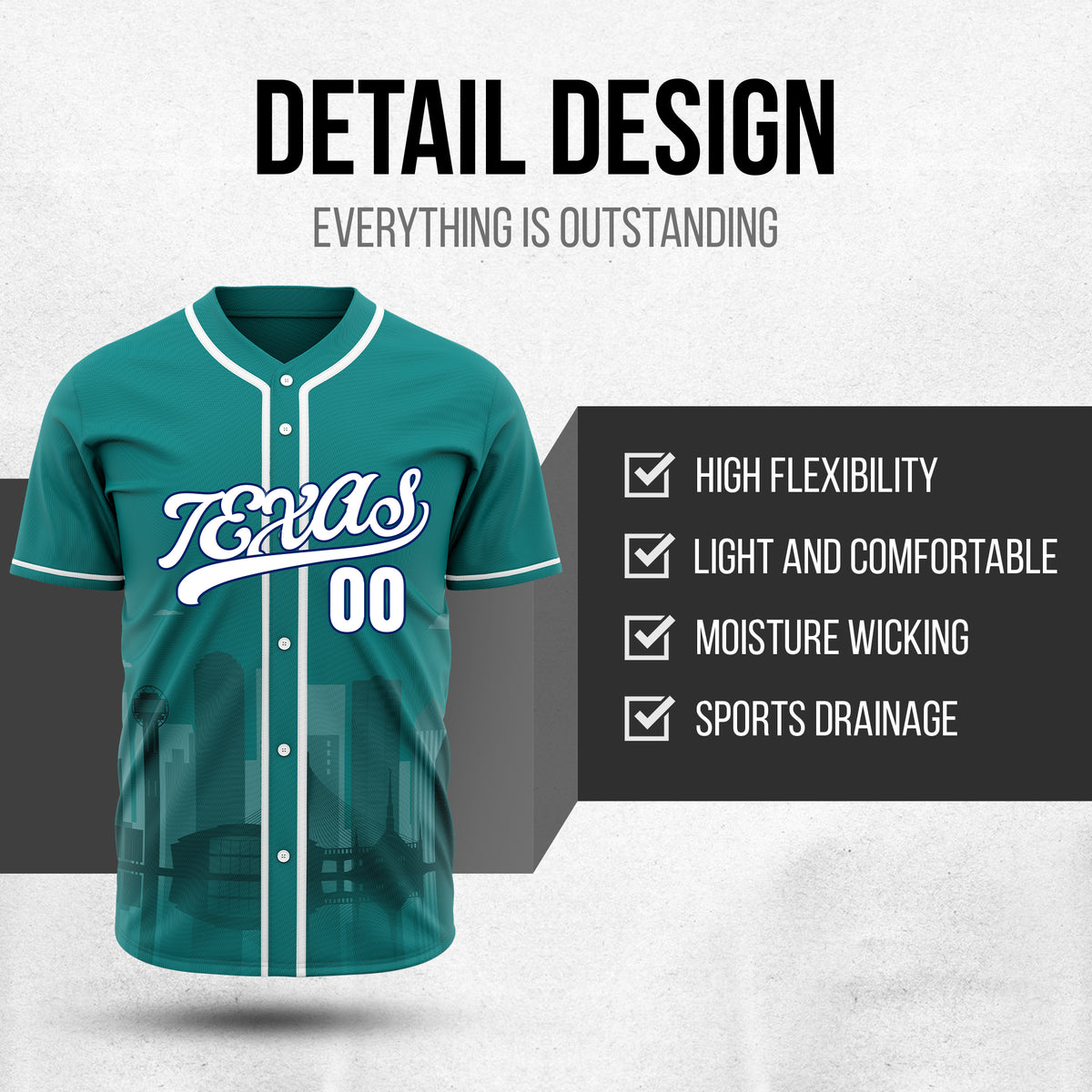 Custom City Lights Teal Baseball Sports Jersey Personalized Uniform with Name & Number