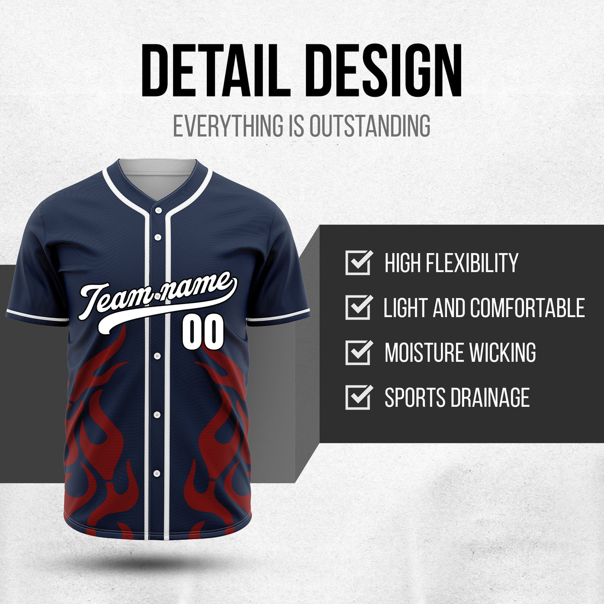 Custom Shadow Flames Navy Baseball Sports Jersey Personalized Uniform with Name & Number