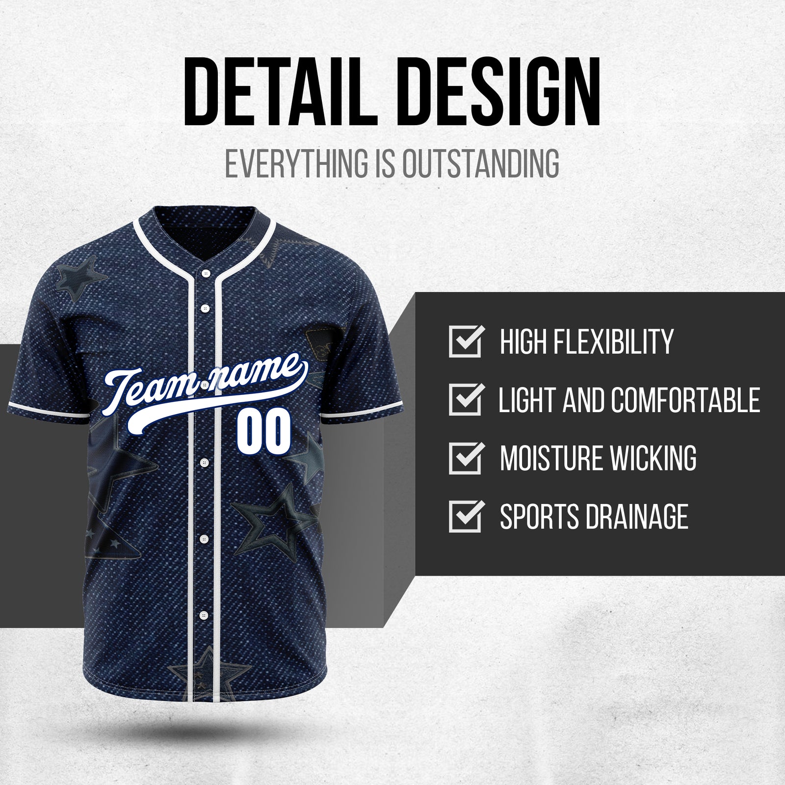 Custom Indigo Classic Denim Baseball Sports Jersey Personalized Uniform with Name & Number