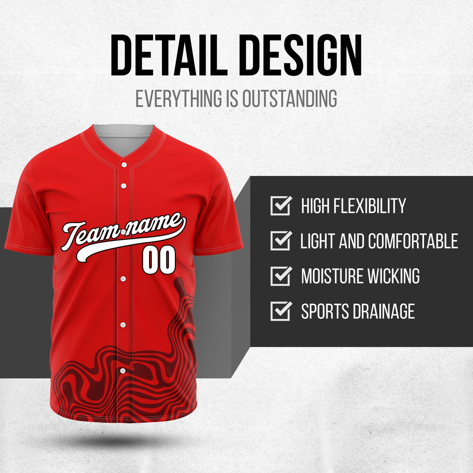 Custom Red Baseball Wave Sports Jersey Personalized Uniform with Name & Number