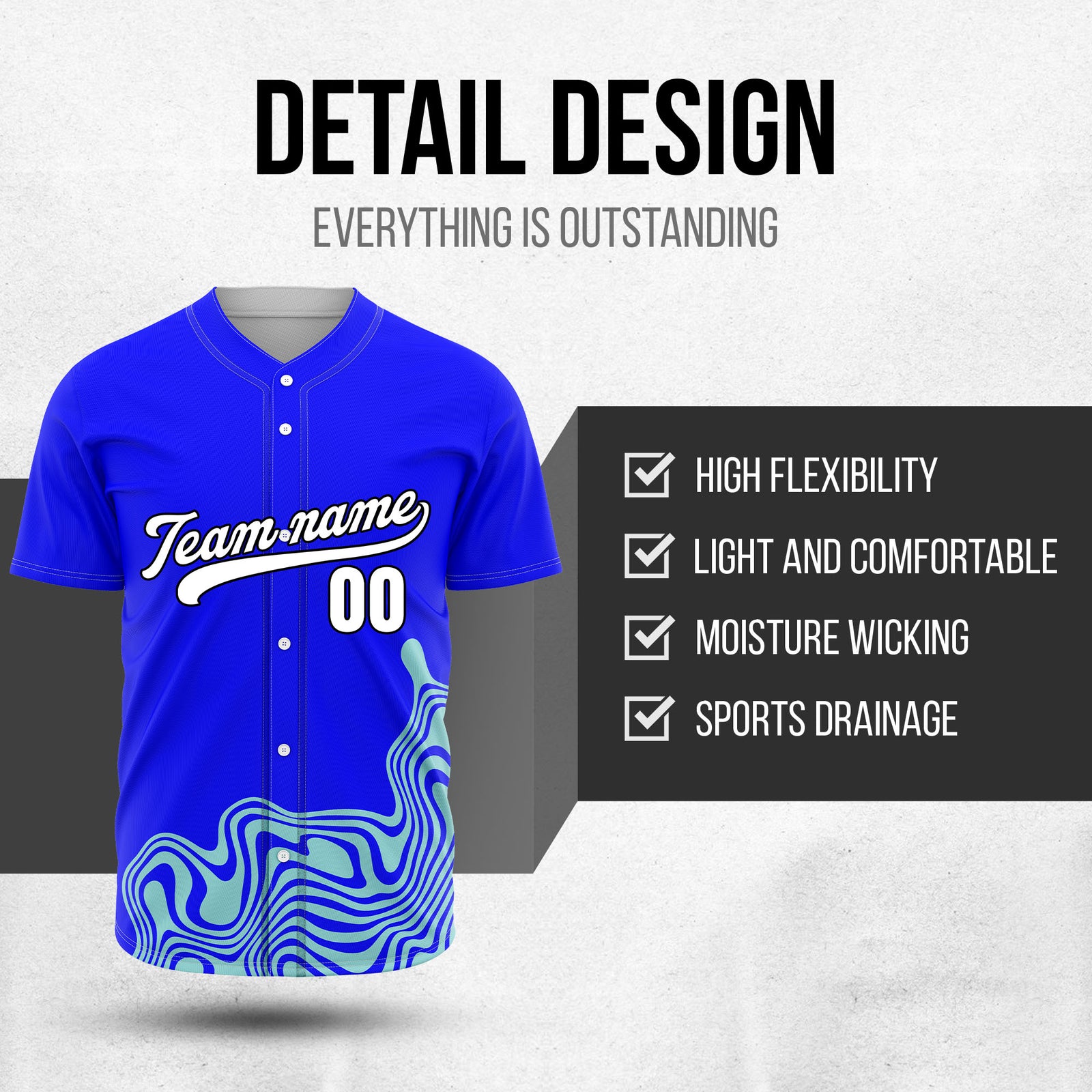 Custom Blue Baseball Wave Sports Jersey Personalized Uniform with Name & Number