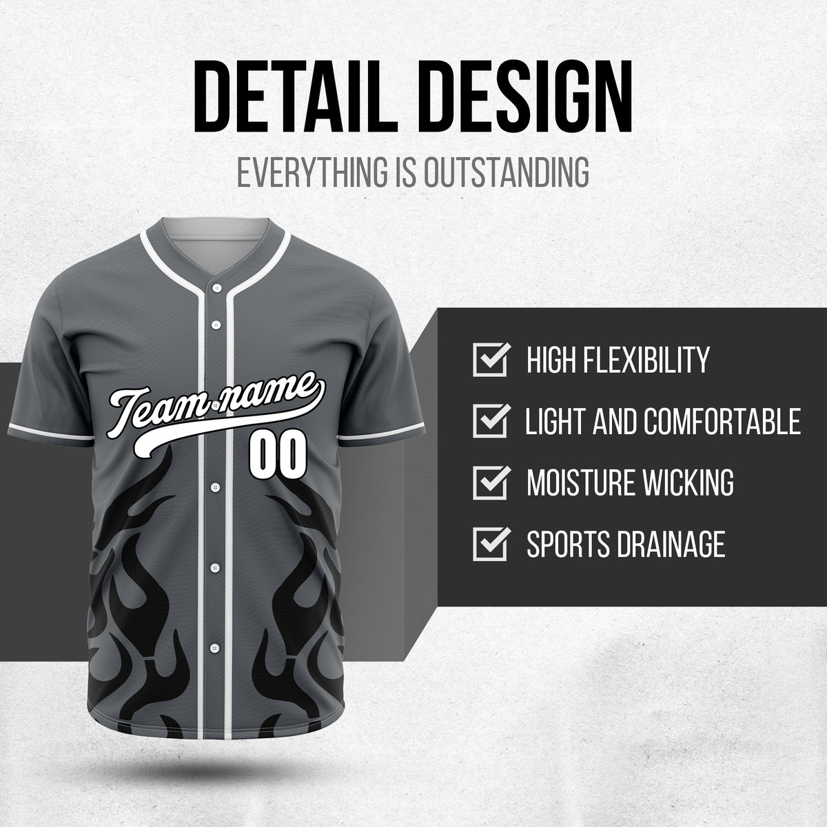 Custom Shadow Flames Dark Grey Baseball Sports Jersey Personalized Uniform with Name & Number