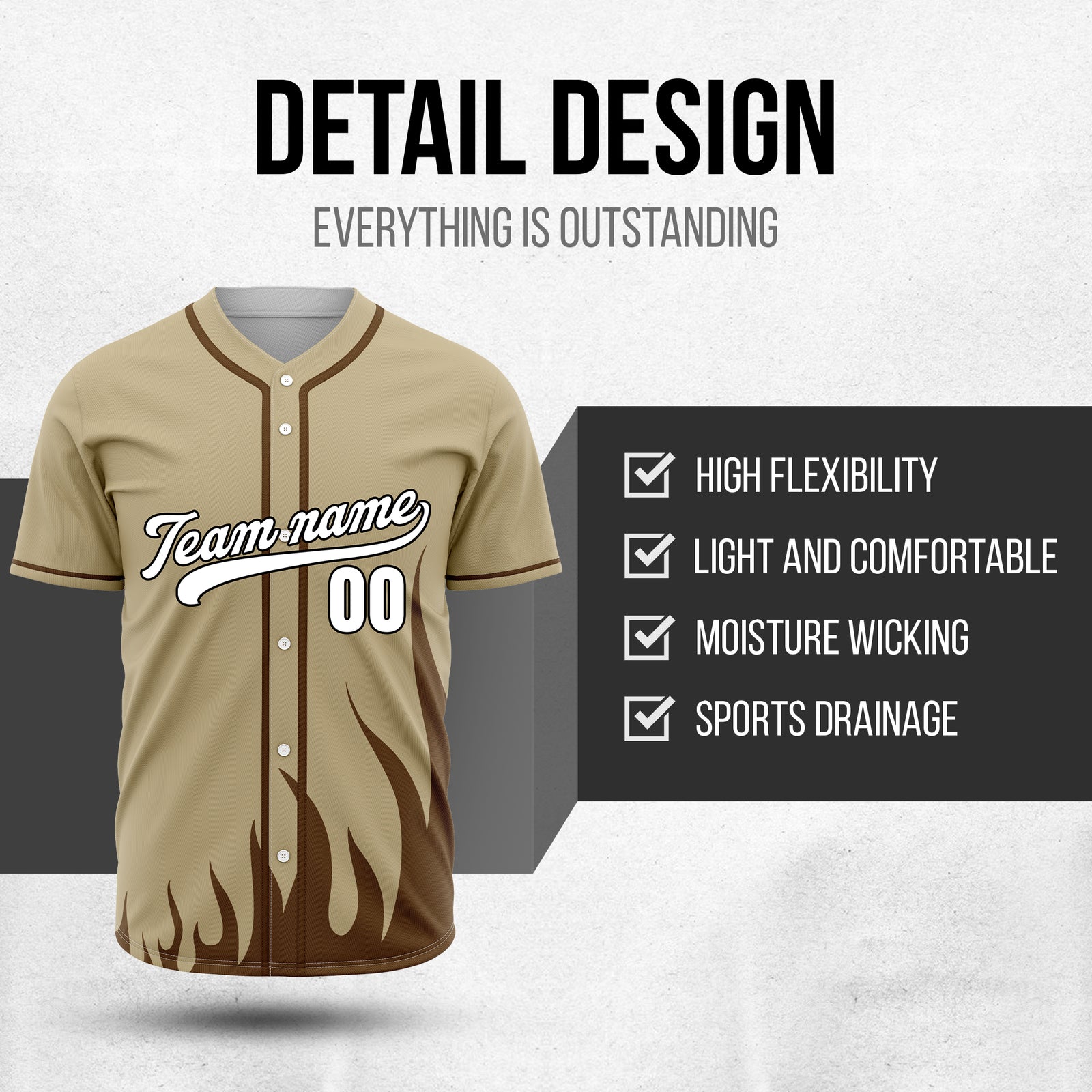 Custom Fire Pulse Khaki Baseball Sports Jersey Personalized Uniform with Name & Number