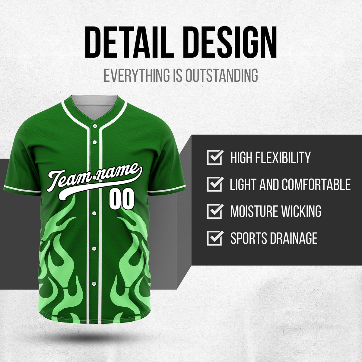 Custom Shadow Flames Green Baseball Sports Jersey Personalized Uniform with Name & Number