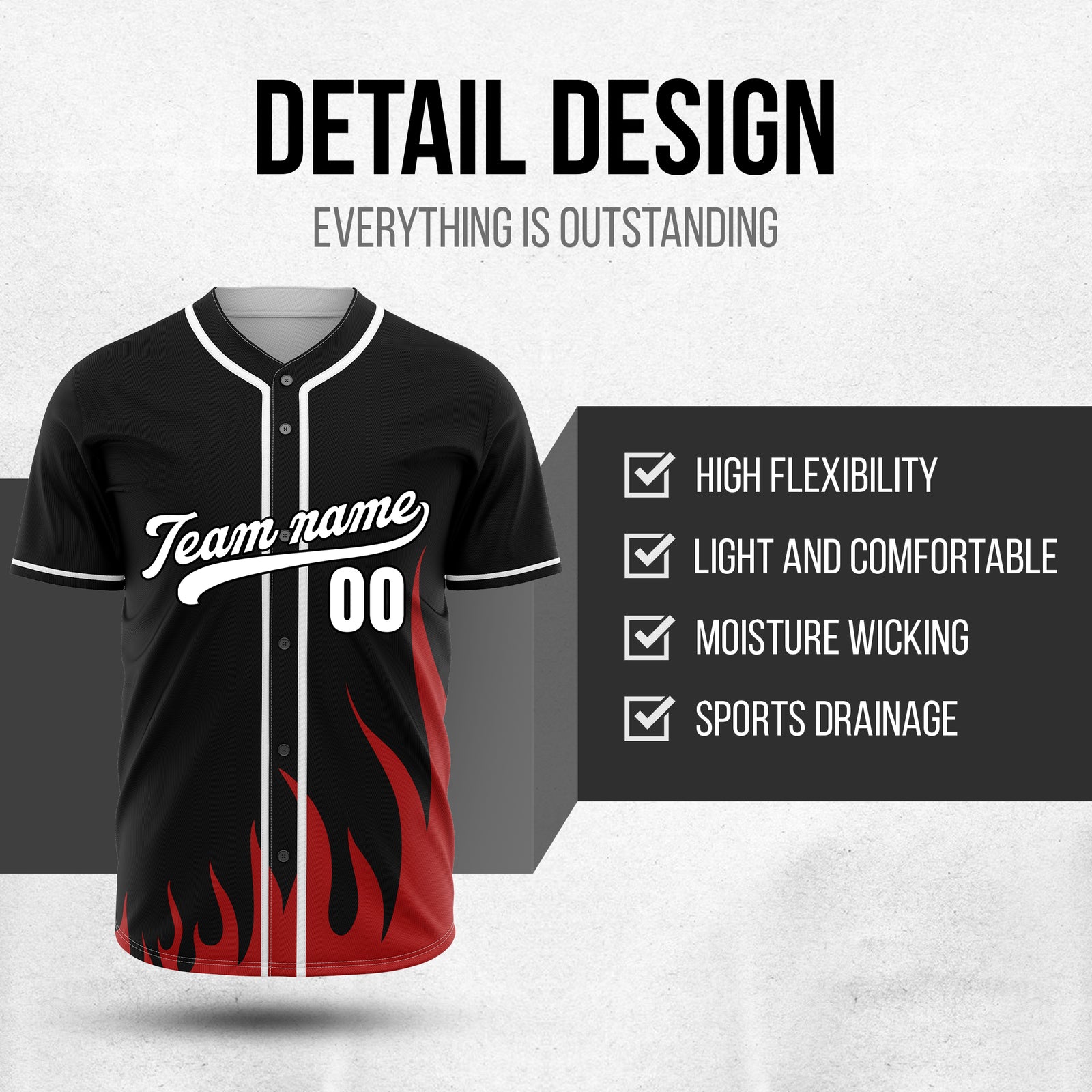 Custom Fire Pulse Black Baseball Sports Jersey Personalized Uniform with Name & Number