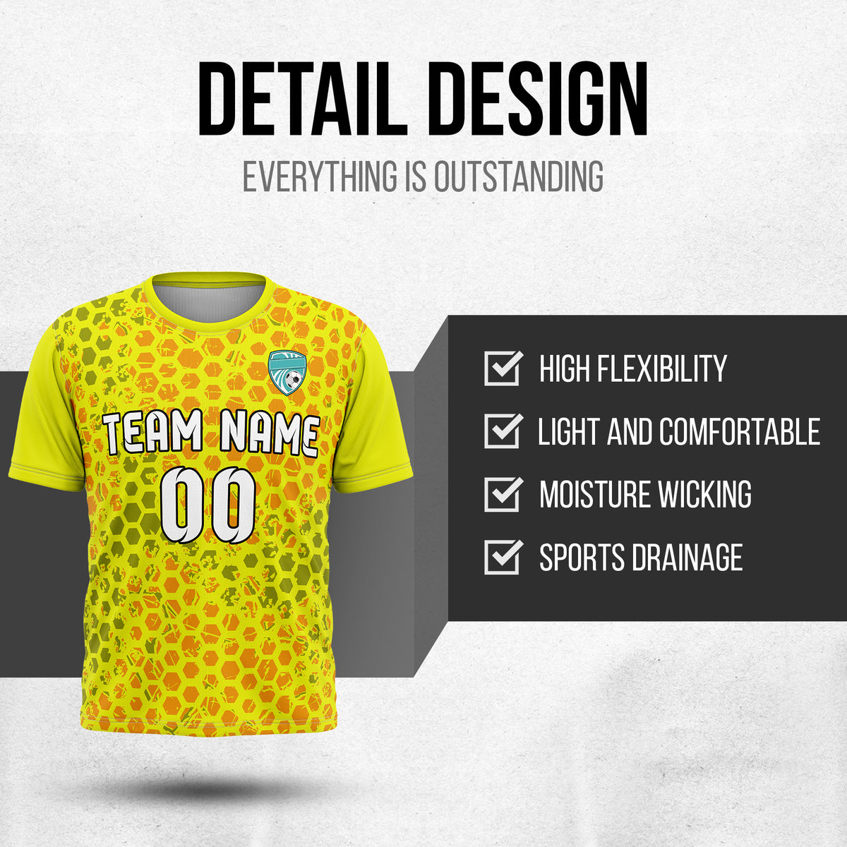 Custom Soccer Yellow Round Neck Hex Pattern Sports Tops Jersey