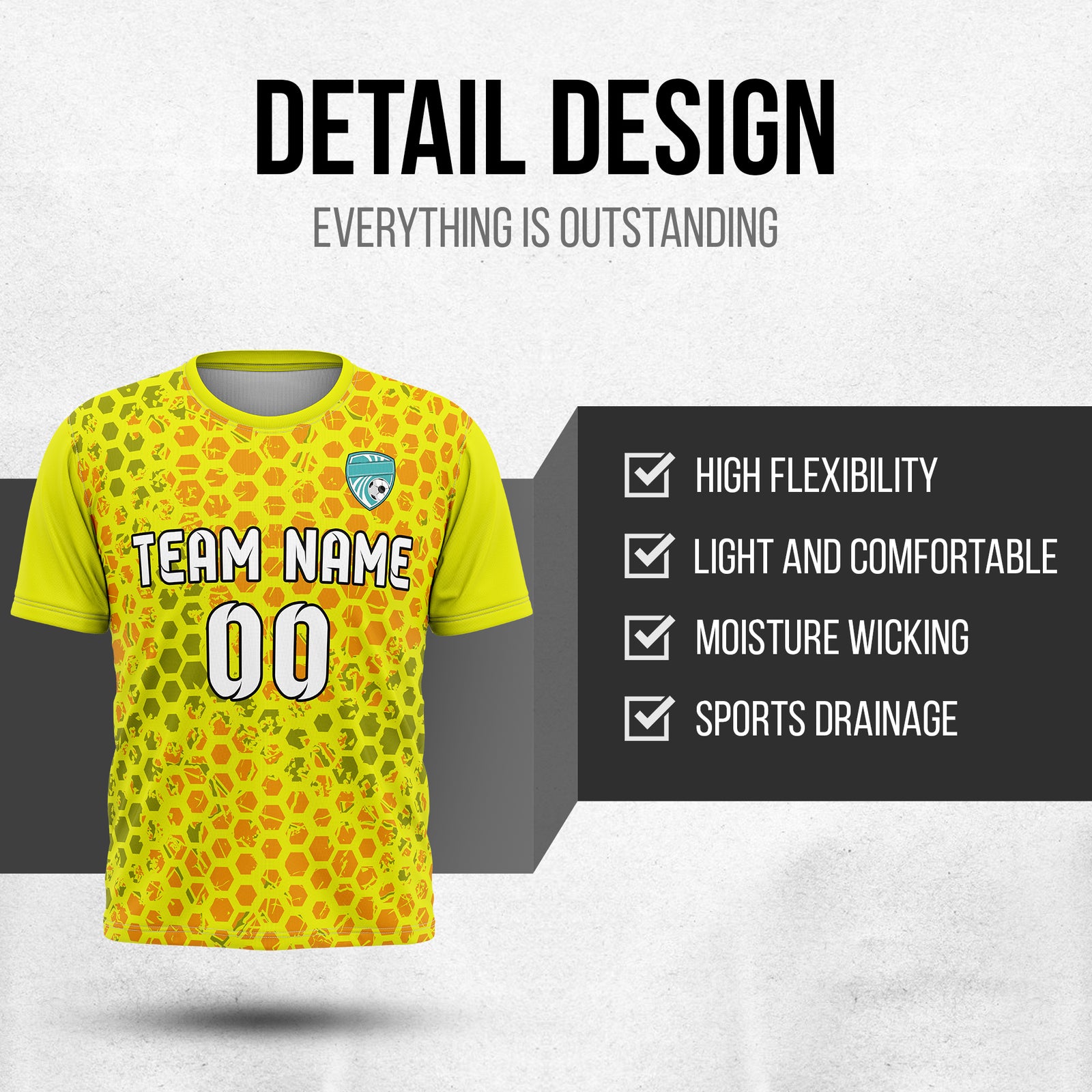 Custom Soccer Yellow Round Neck Hex Pattern Sports Tops Jersey