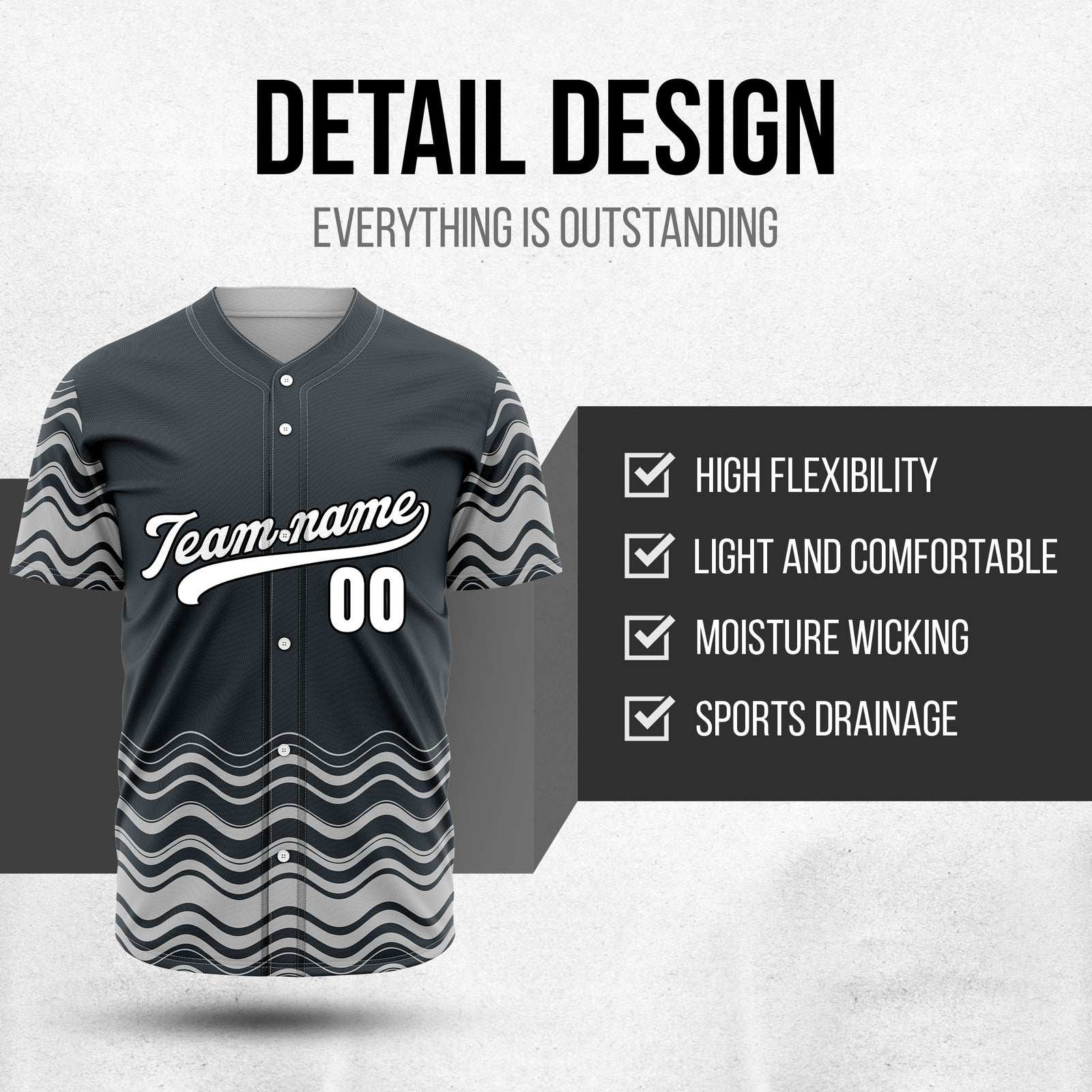 Custom Grey Baseball Wave Sports Jersey Personalized Uniform with Name & Number
