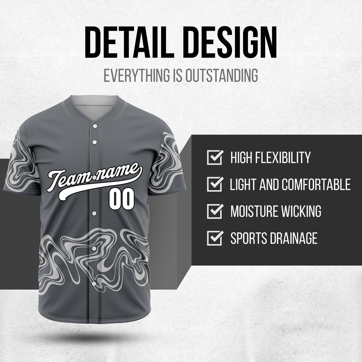 Custom Dark Grey Baseball Wave Sports Jersey Personalized Uniform with Name & Number