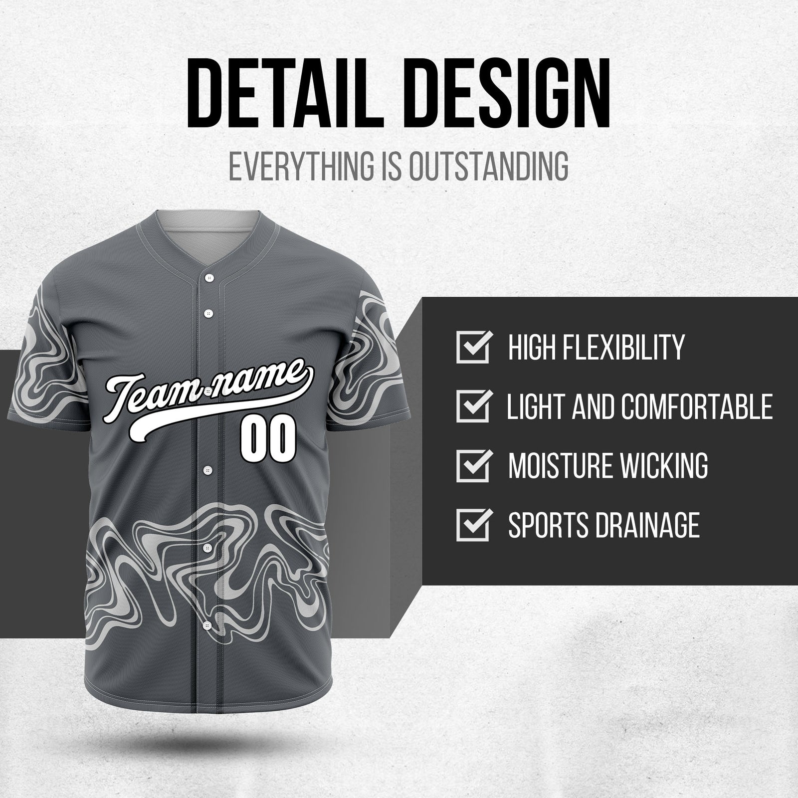 Custom Dark Grey Baseball Wave Sports Jersey Personalized Uniform with Name & Number
