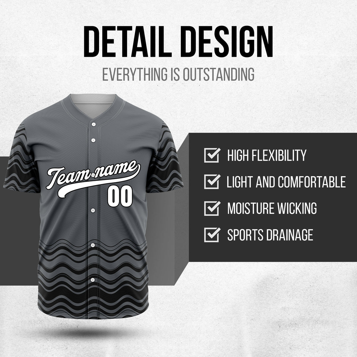 Custom Dark Grey Baseball Wave Sports Jersey Personalized Uniform with Name & Number
