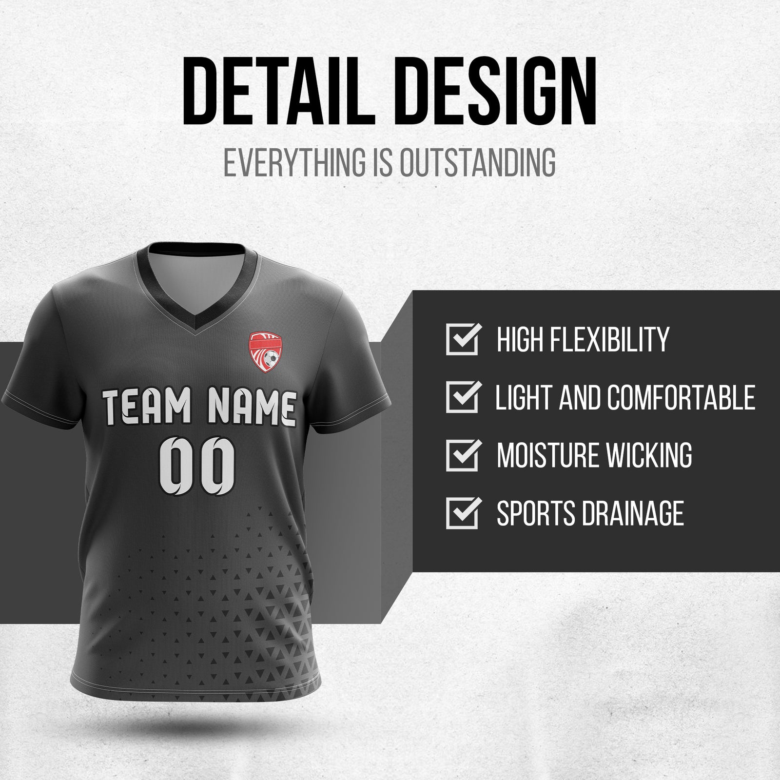 Custom Tri-Edge V-Side Pattern Dark Grey Soccer Sport Tops Jersey