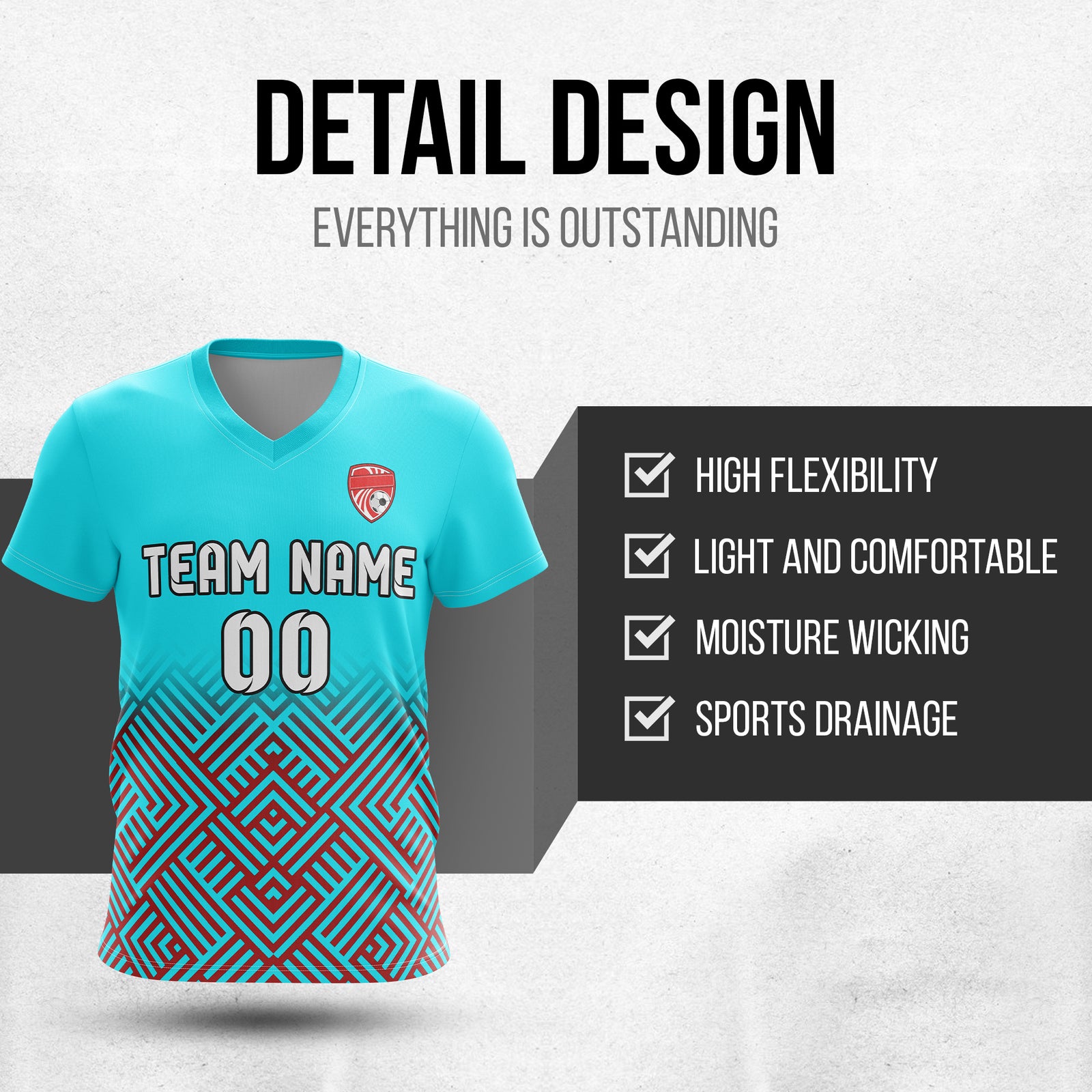 Custom Shadow Line V-Side Pattern Aqua Soccer Sport Tops Jersey