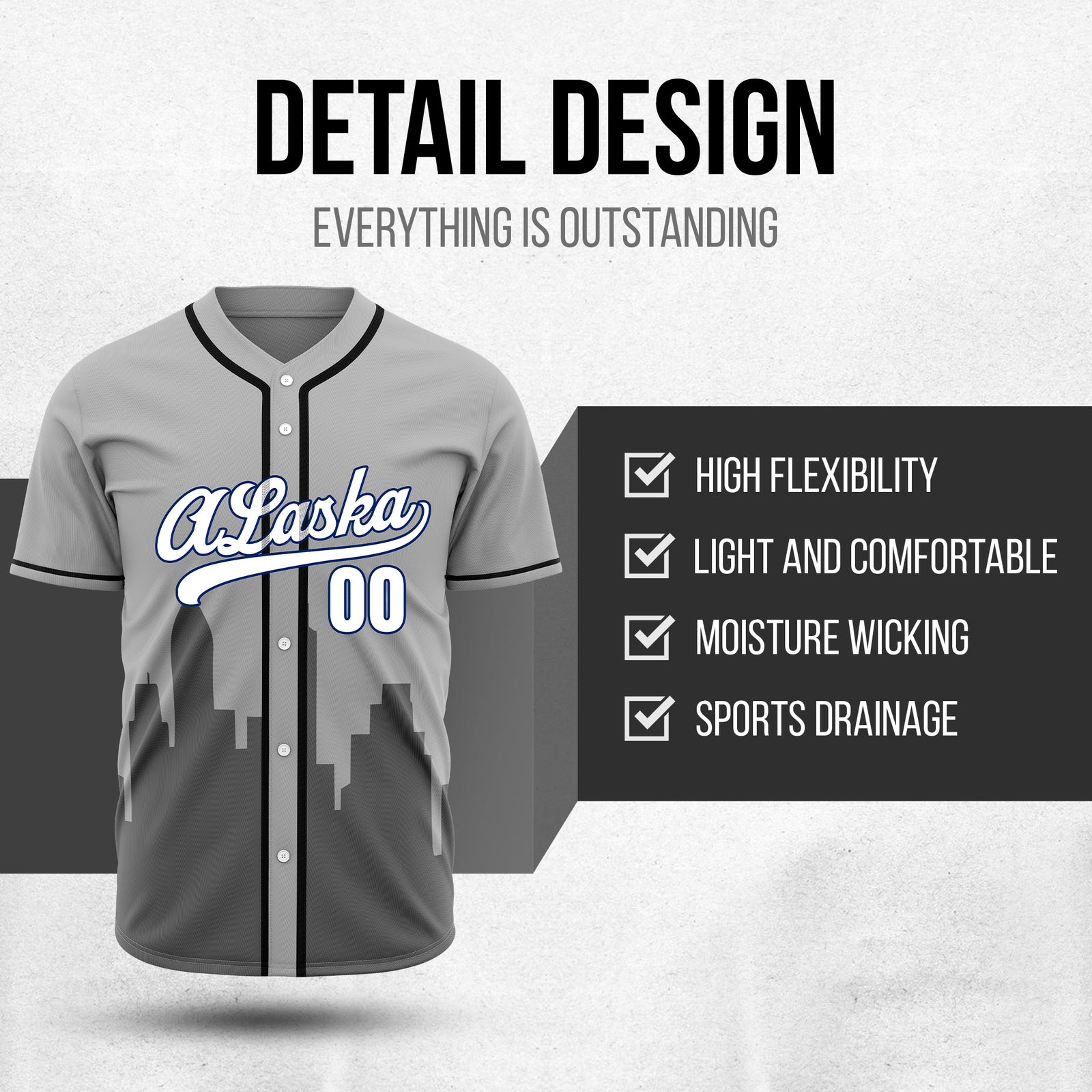 Custom City Horizon Grey Baseball Sports Jersey Personalized Uniform with Name & Number