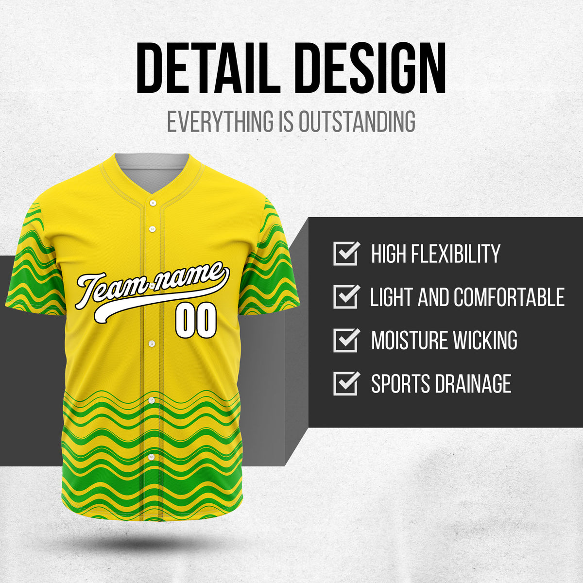 Custom Yellow Baseball Wave Sports Jersey Personalized Uniform with Name & Number