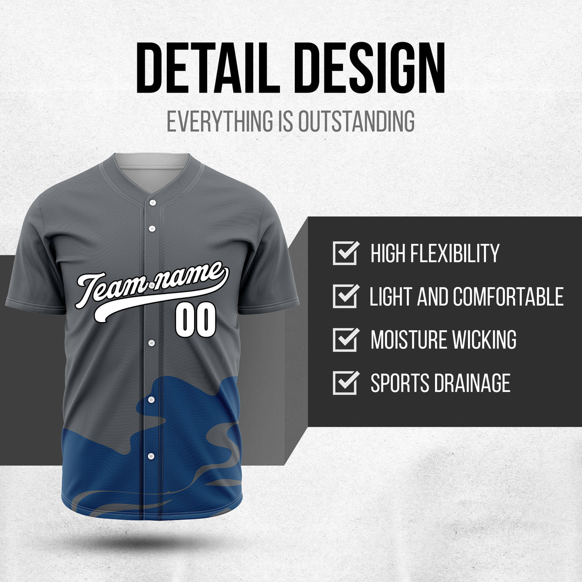 Custom Dark Grey Baseball Wave Sports Jersey Personalized Uniform with Name & Number