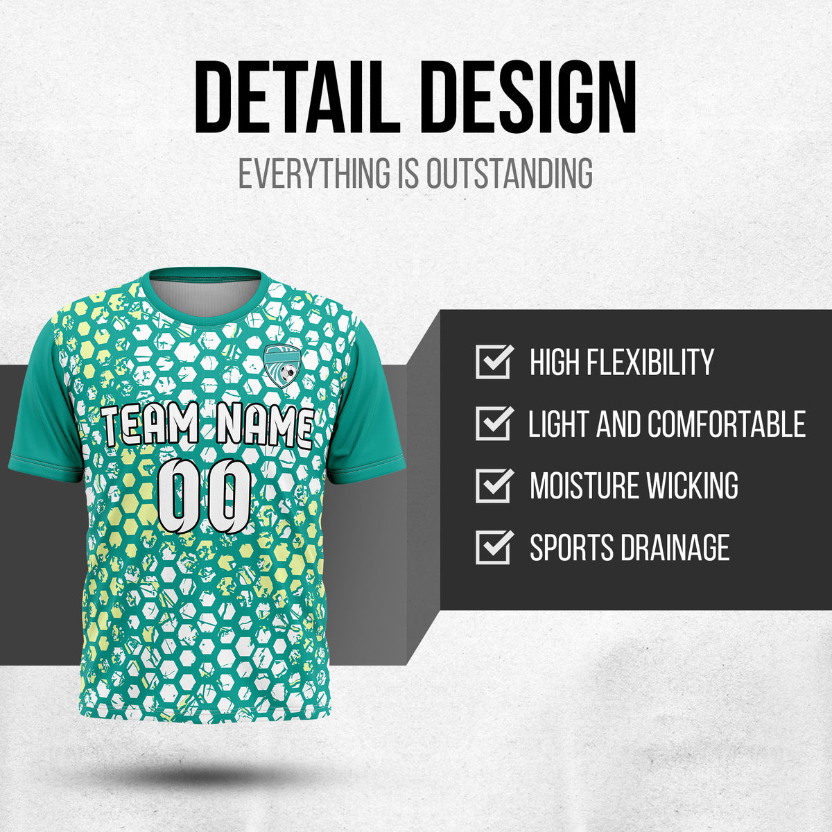 Custom Soccer Teal Round Neck Hex Pattern Sports Tops Jersey