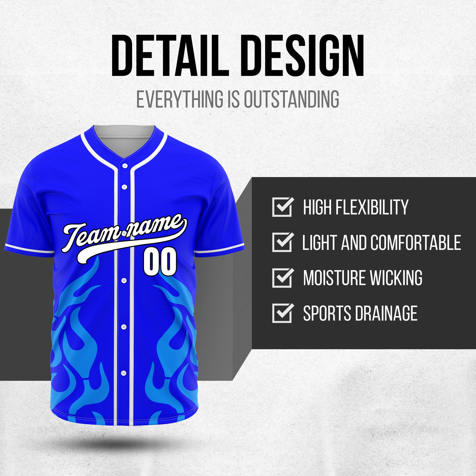 Custom Shadow Flames Blue Baseball Sports Jersey Personalized Uniform with Name & Number