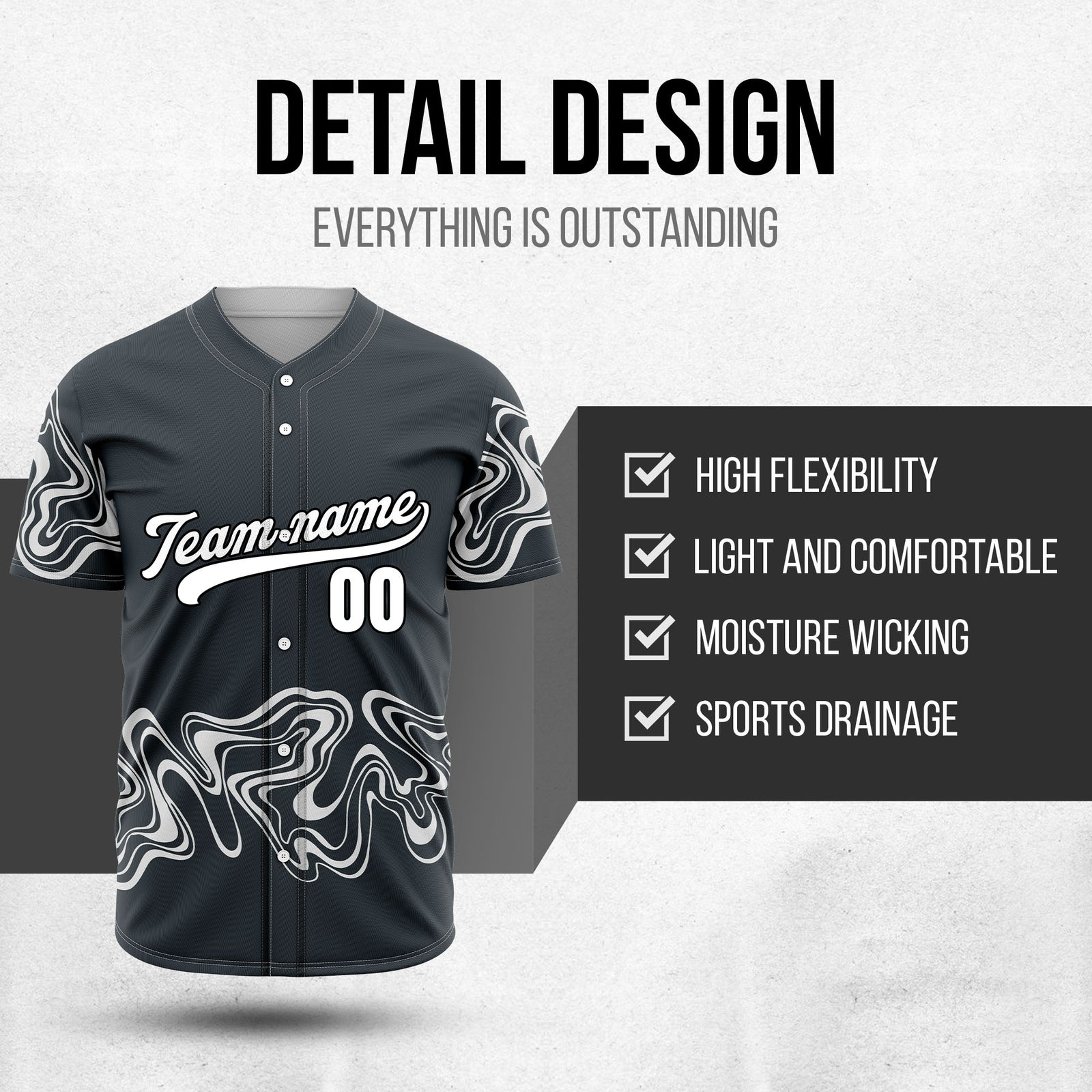 Custom Grey Baseball Wave Sports Jersey Personalized Uniform with Name & Number