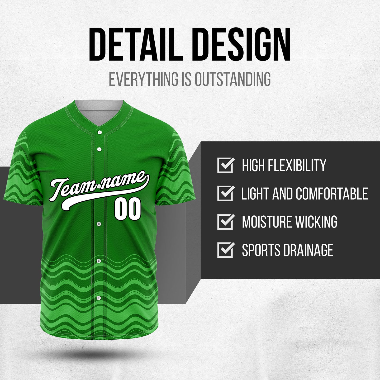 Custom Green Baseball Wave Sports Jersey Personalized Uniform with Name & Number
