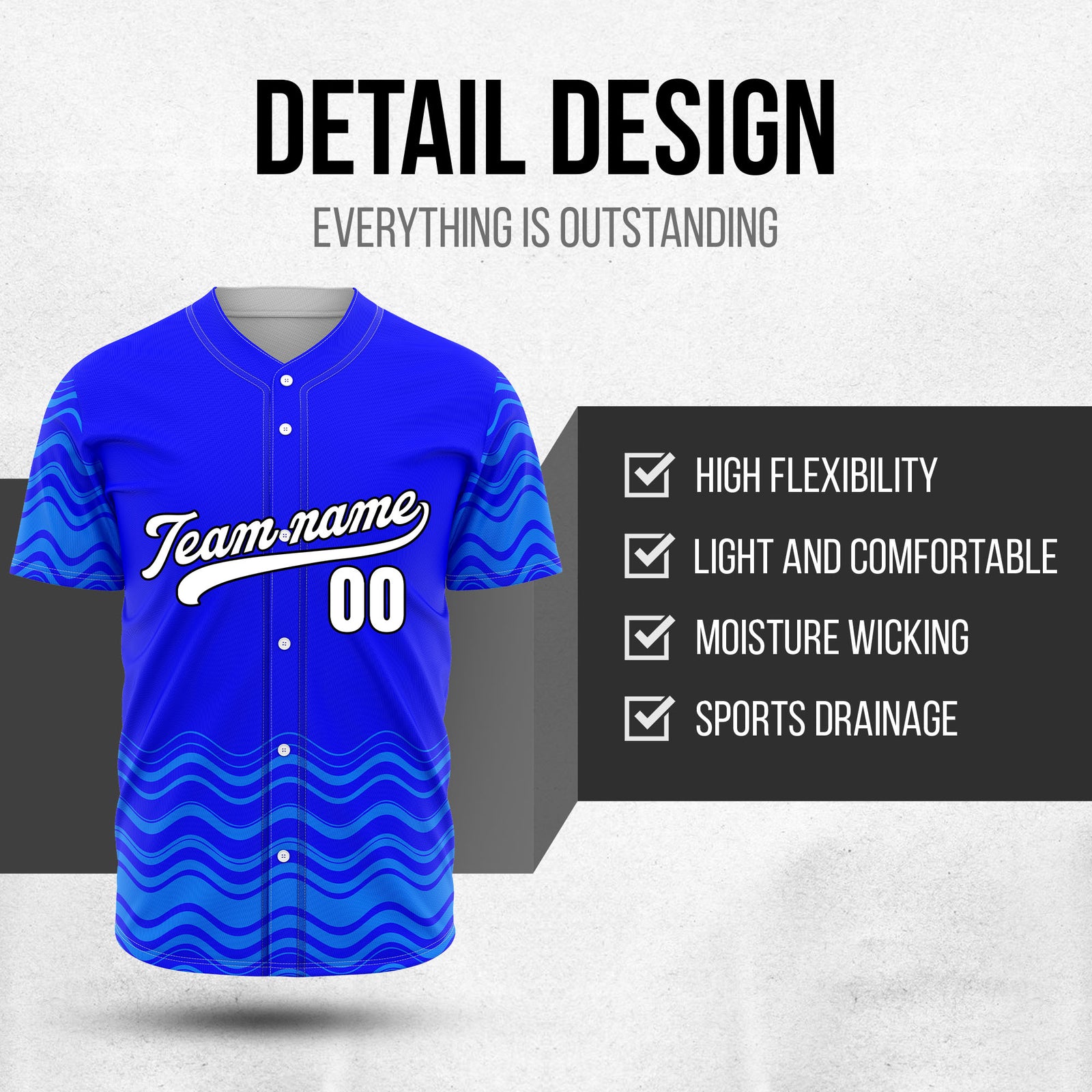 Custom Blue Baseball Wave Sports Jersey Personalized Uniform with Name & Number