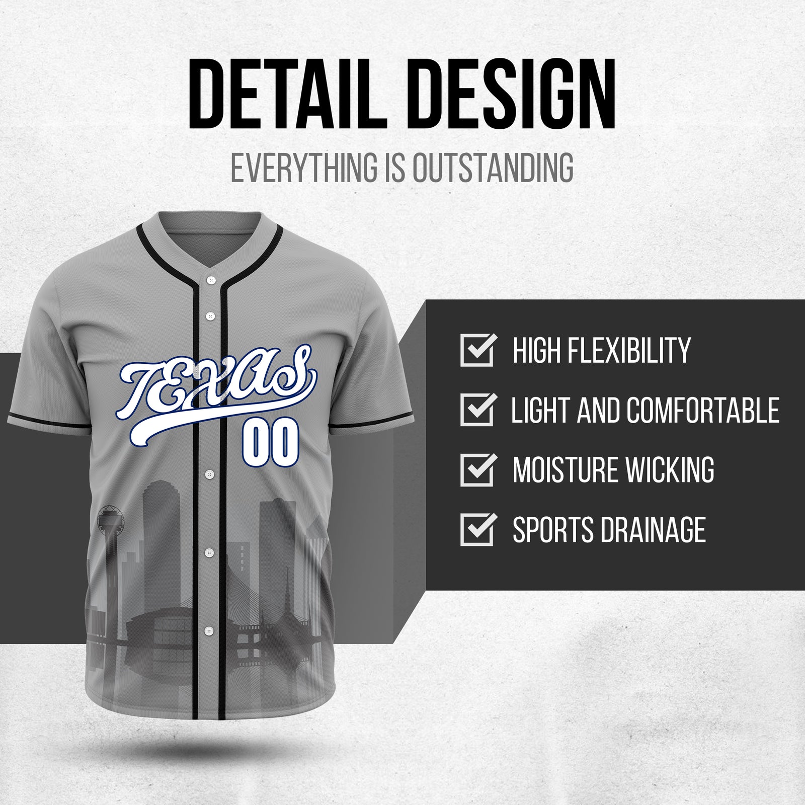 Custom City Lights Grey Baseball Sports Jersey Personalized Uniform with Name & Number