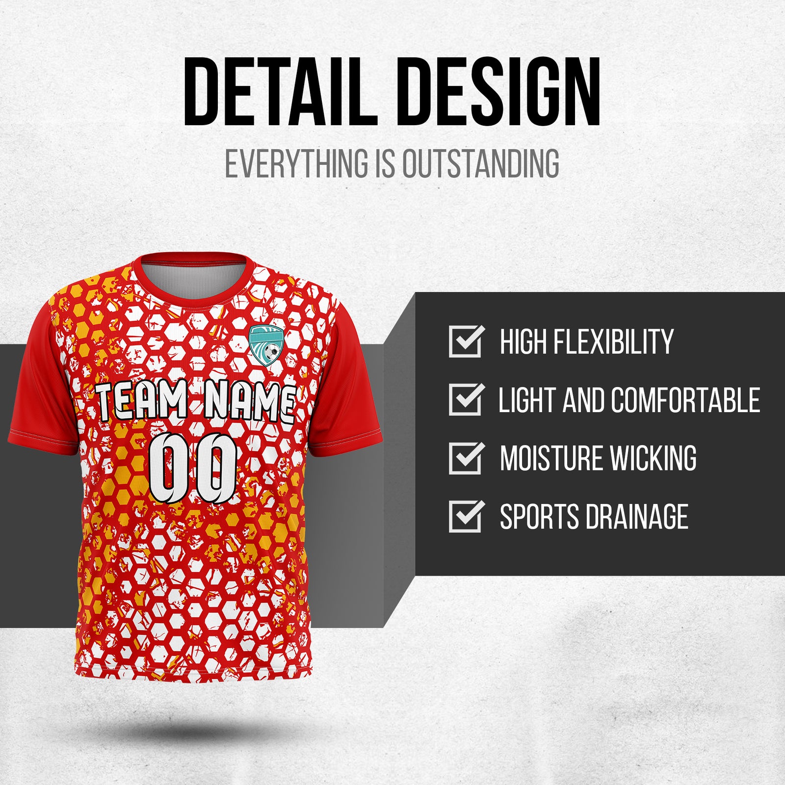 Custom Soccer Red Round Neck Hex Pattern Sports Tops Jersey