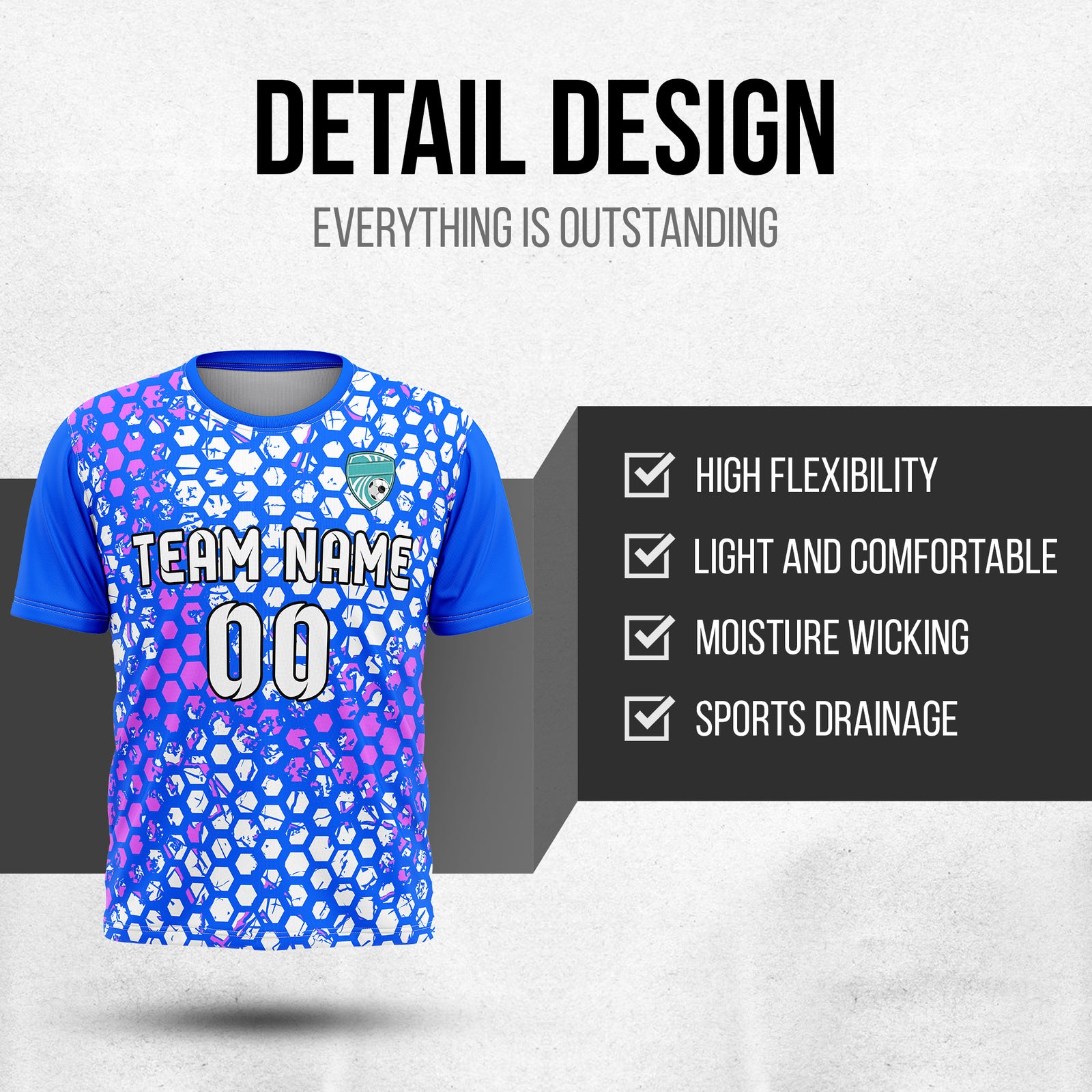 Custom Soccer Blue Round Neck Hex Pattern Sports Tops Jersey