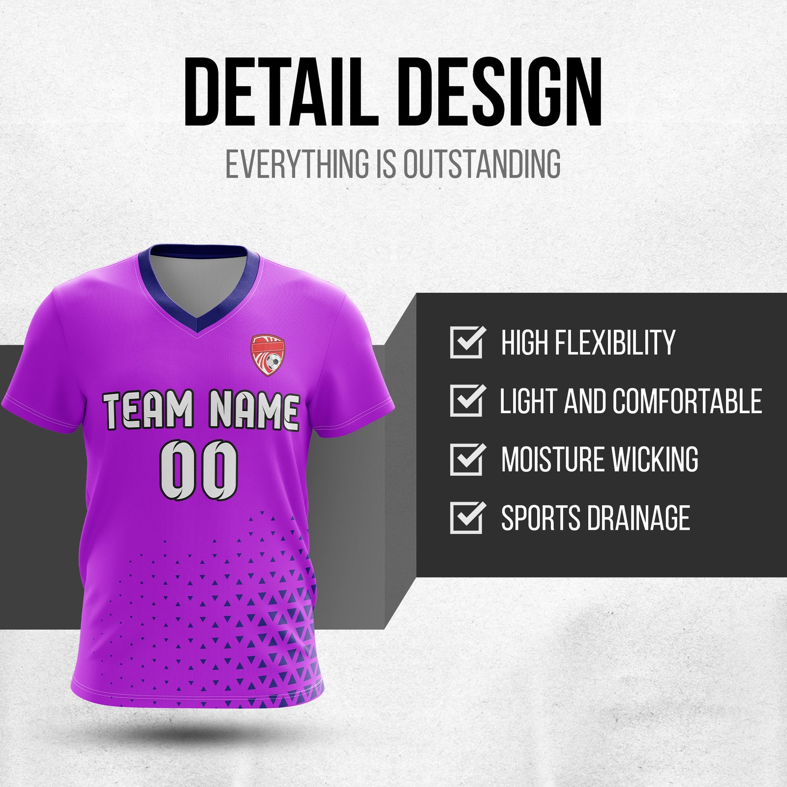 Custom Tri-Edge V-Side Pattern Purple Soccer Sport Tops Jersey