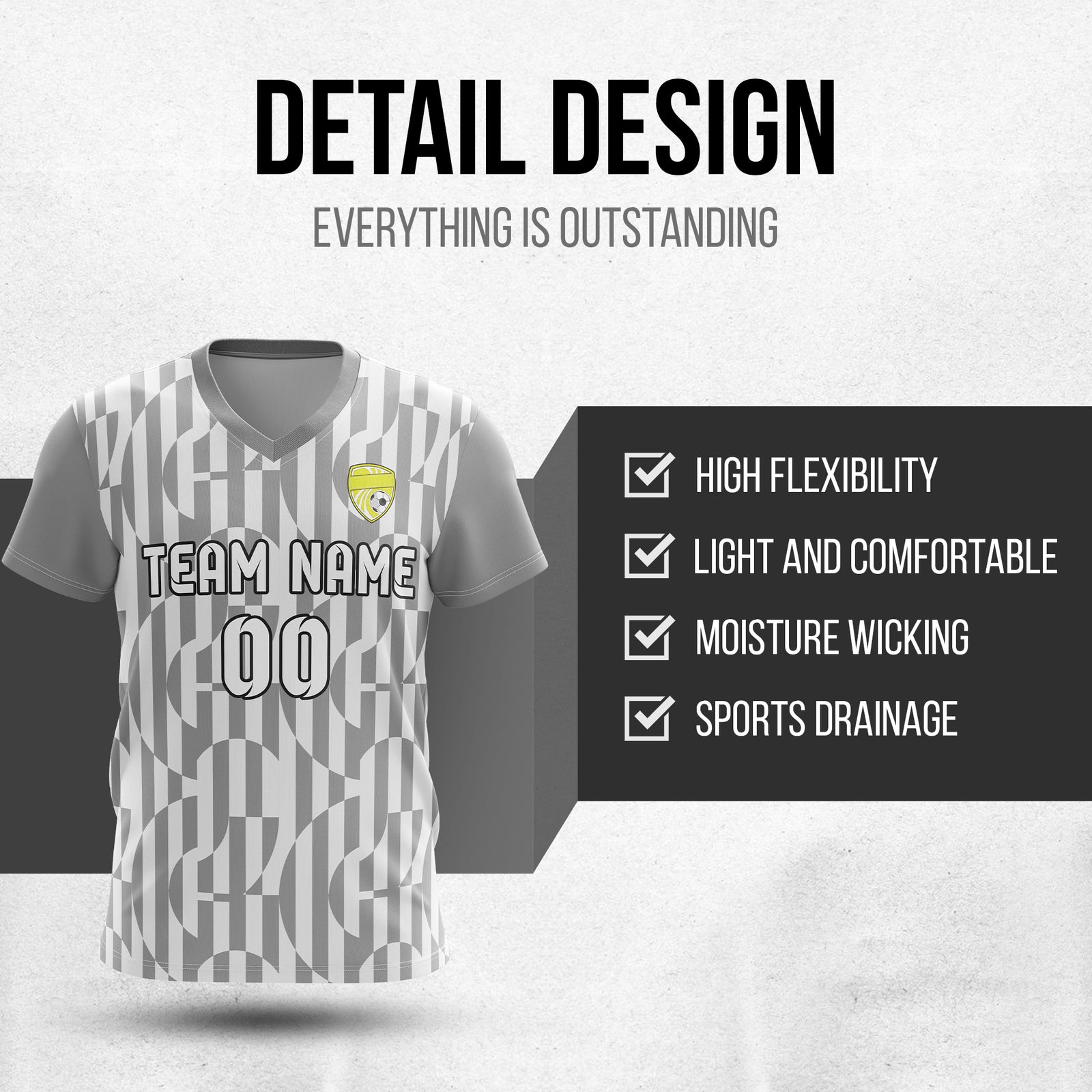 Custom Pulse Grid V-Full Pattern Soccer Grey Sport Tops Jersey