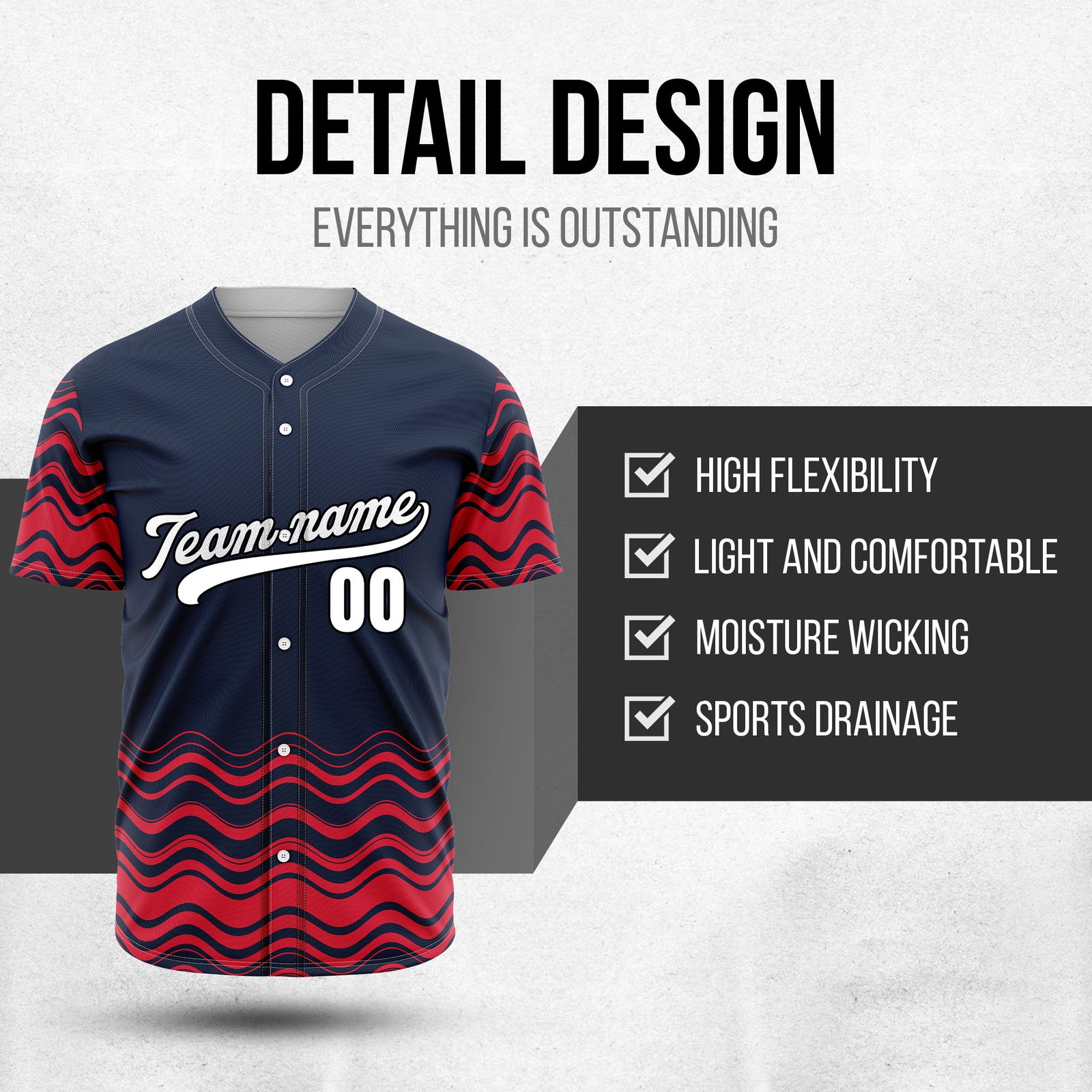 Custom Navy Baseball Wave Sports Jersey Personalized Uniform with Name & Number