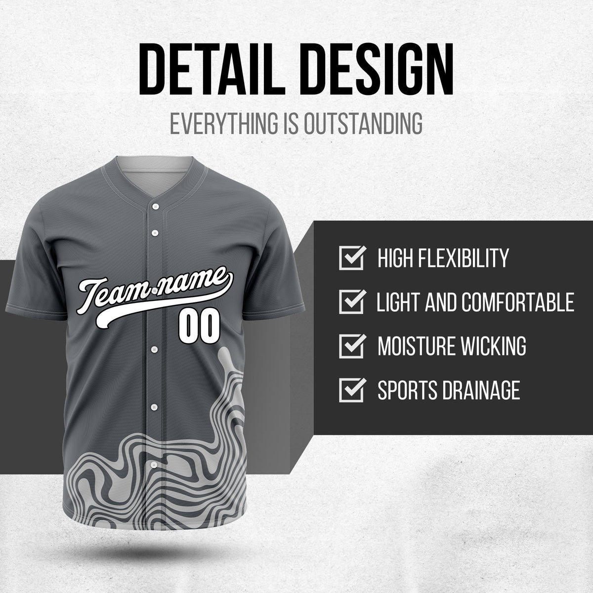 Custom Dark Grey Baseball Wave Sports Jersey Personalized Uniform with Name & Number