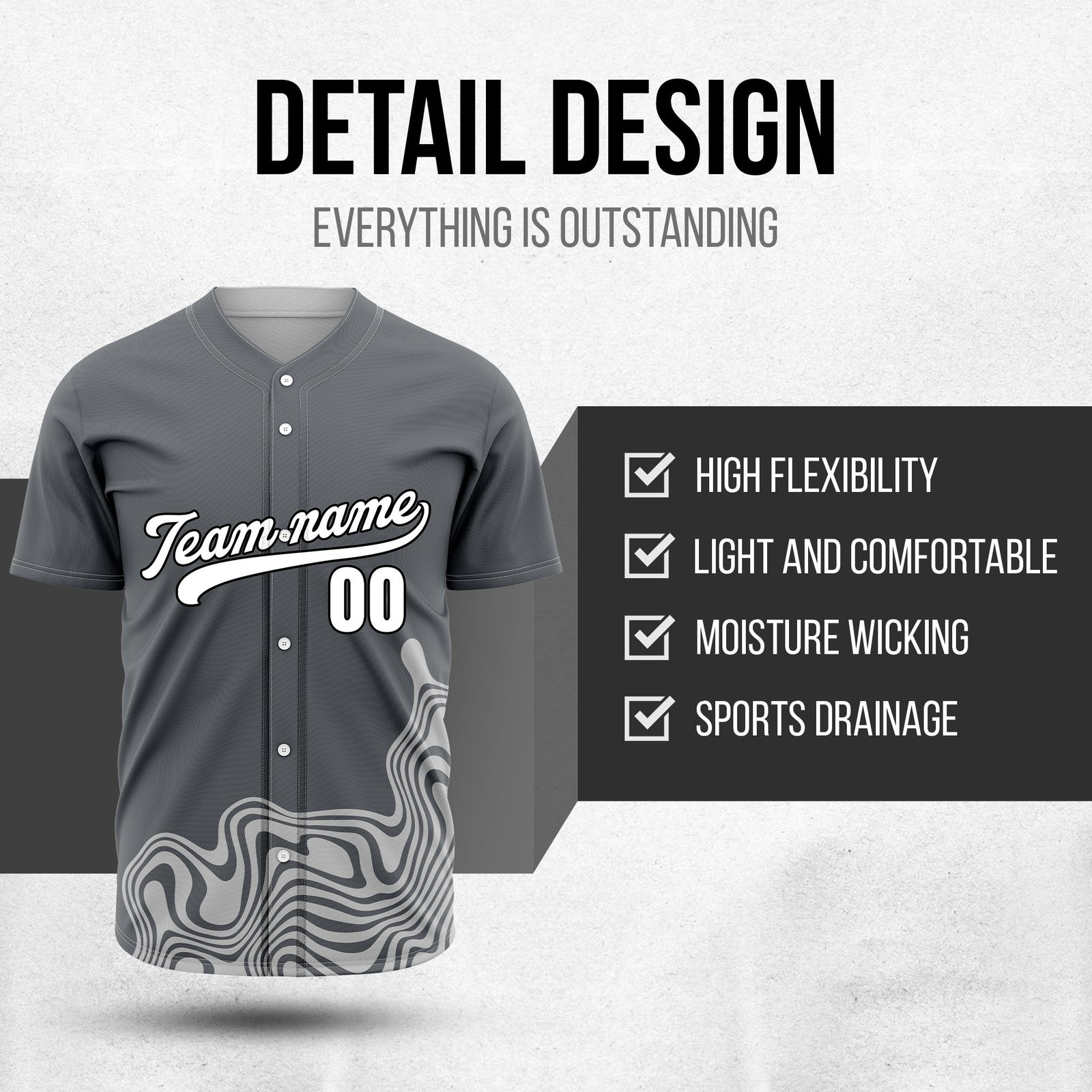 Custom Dark Grey Baseball Wave Sports Jersey Personalized Uniform with Name & Number