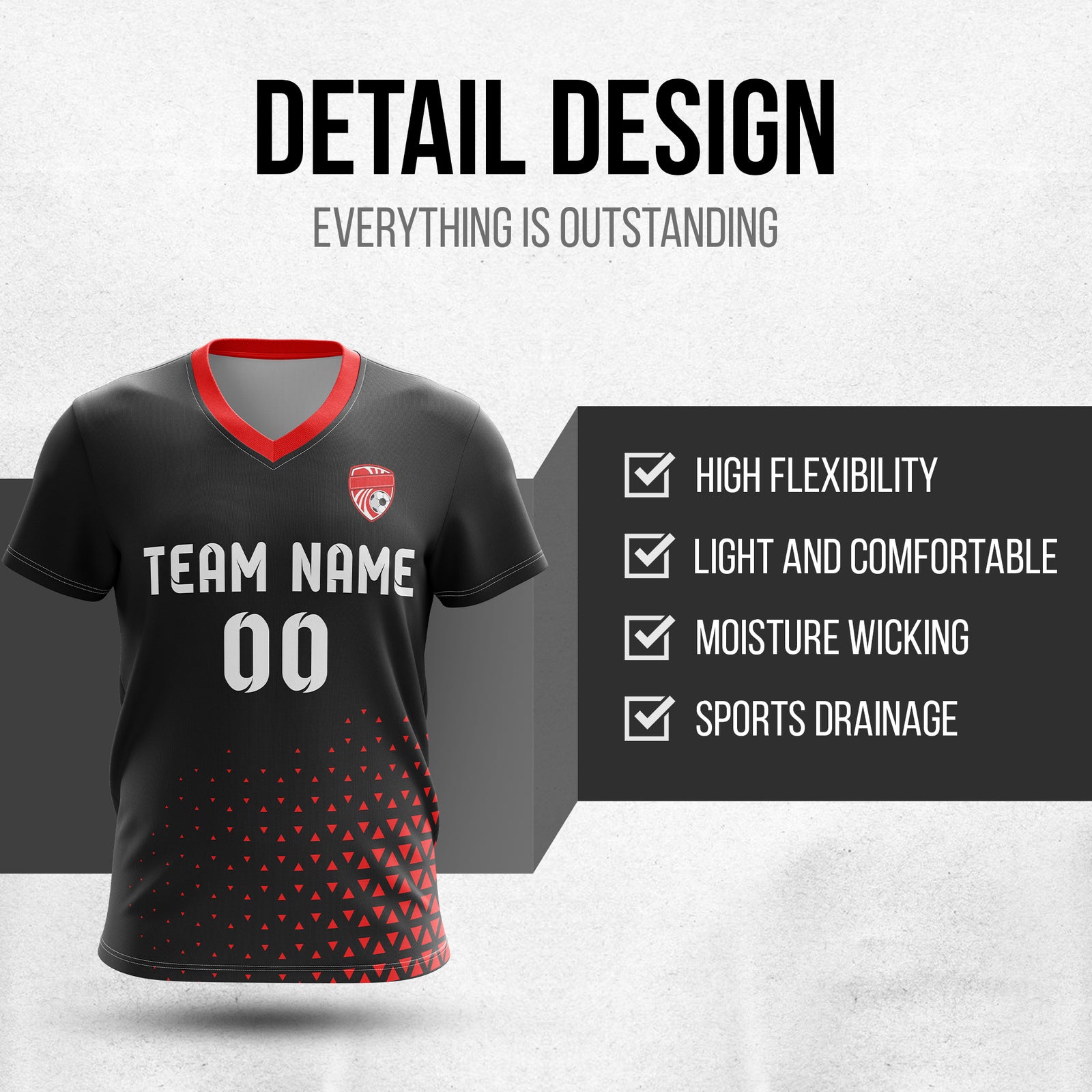 Custom Tri-Edge V-Side Pattern Black Soccer Sport Tops Jersey
