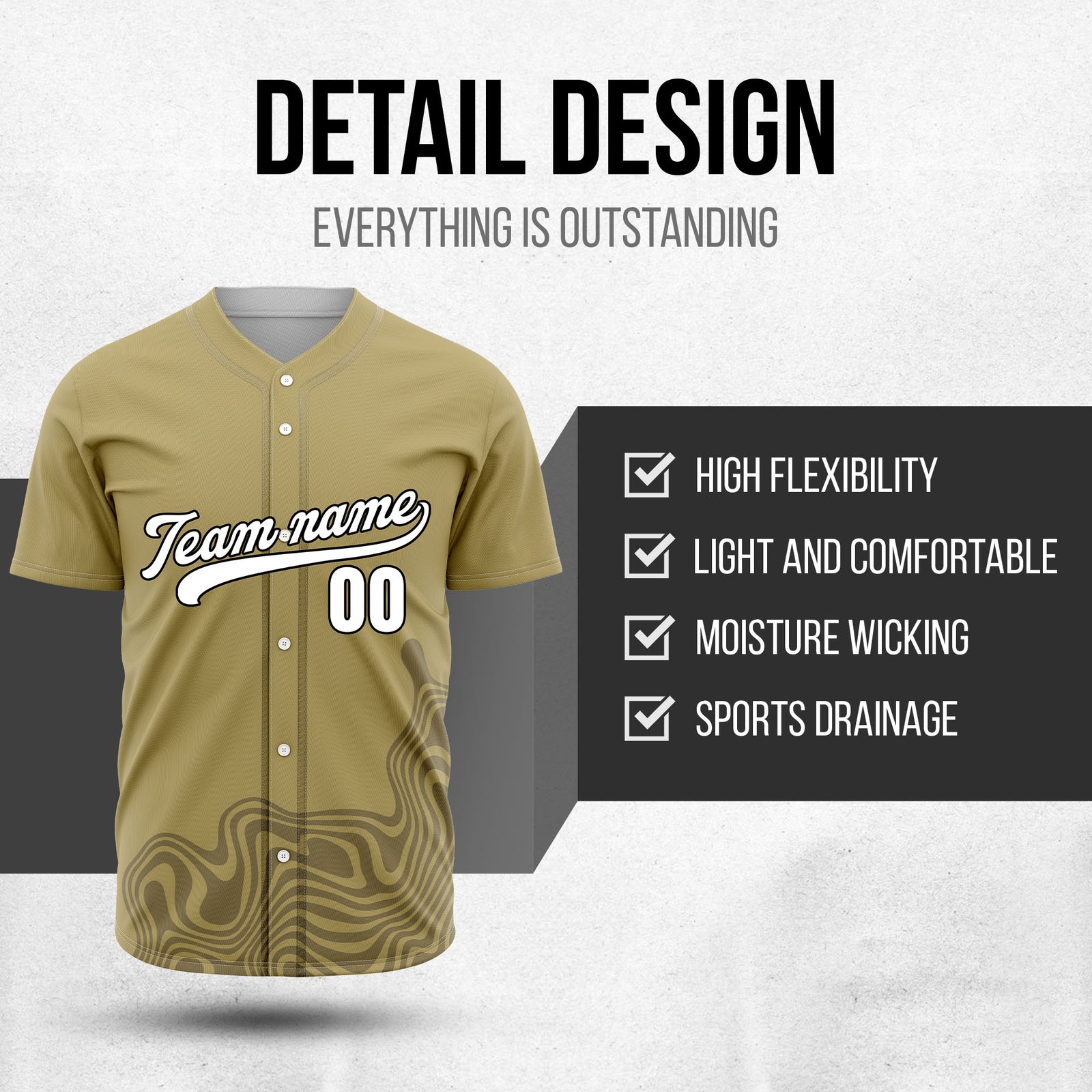 Custom Khaki Baseball Wave Sports Jersey Personalized Uniform with Name & Number