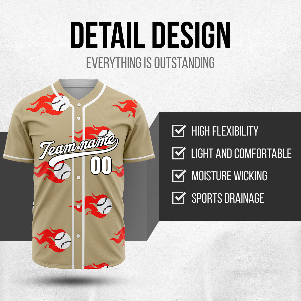 Custom Fireballers Khaki Baseball Sports Jersey Personalized Uniform with Name & Number