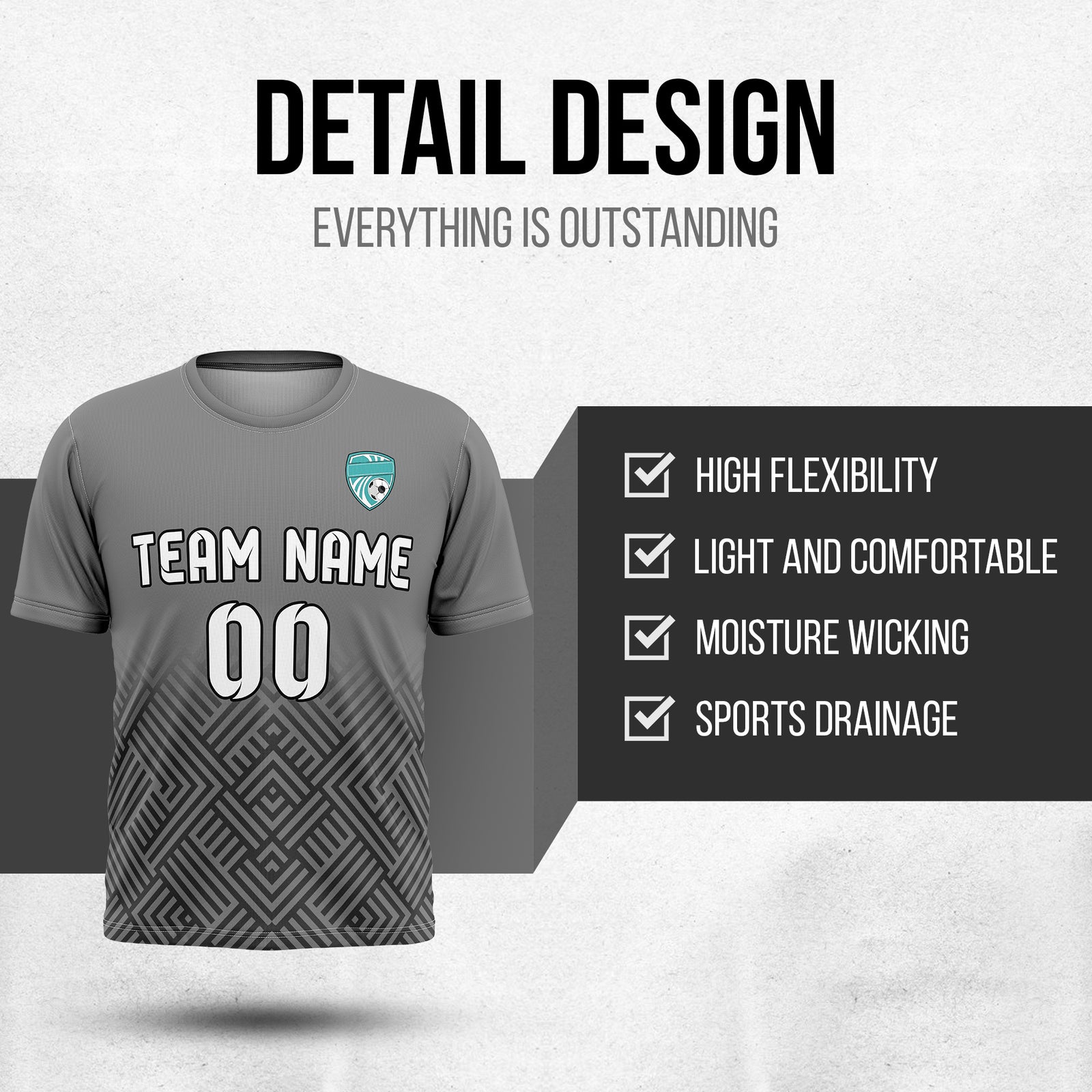 Custom Soccer  R Side Pattern Dark Grey Shadow Line Sport Tops Jersey