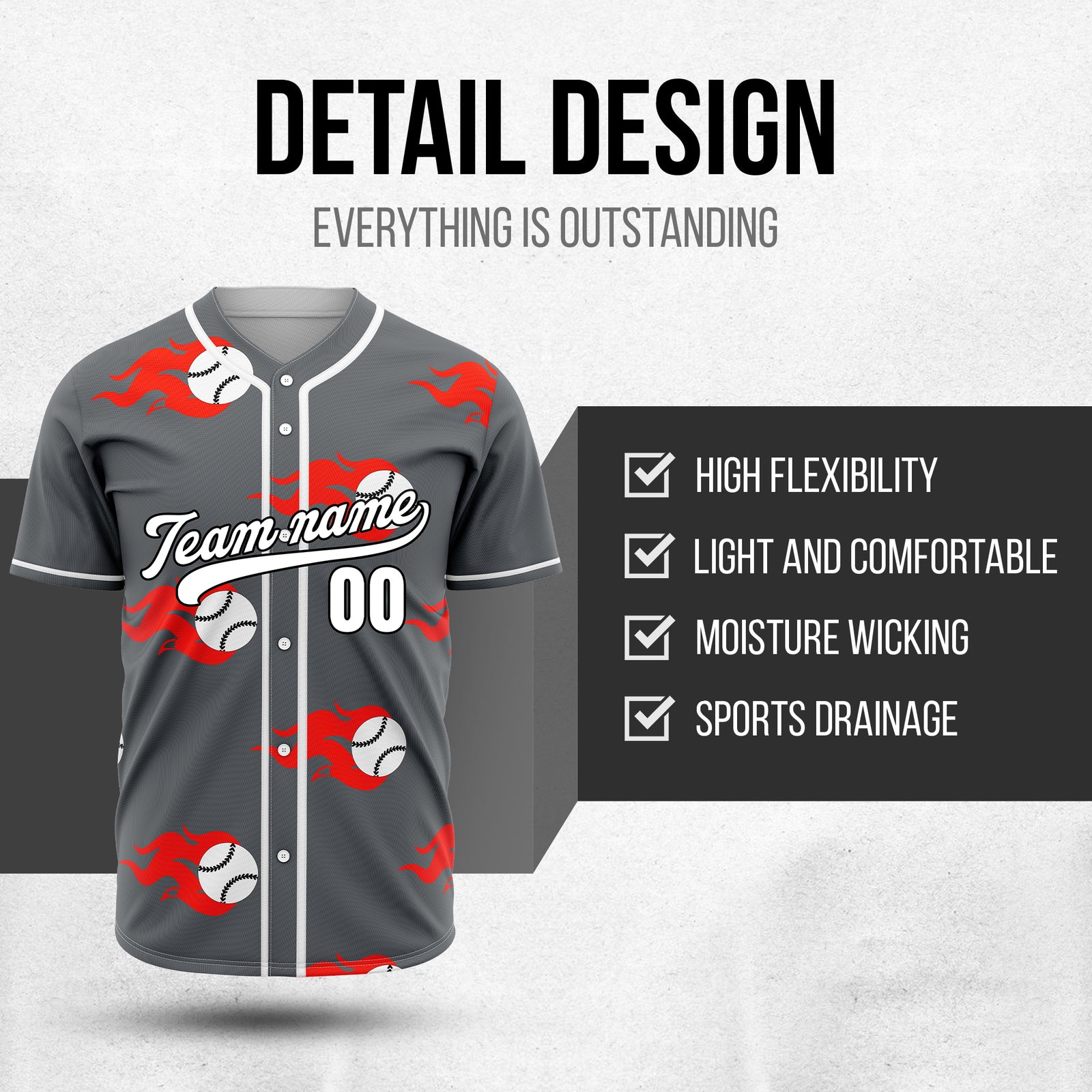 Custom Fireballers Dark Grey Baseball Sports Jersey Personalized Uniform with Name & Number