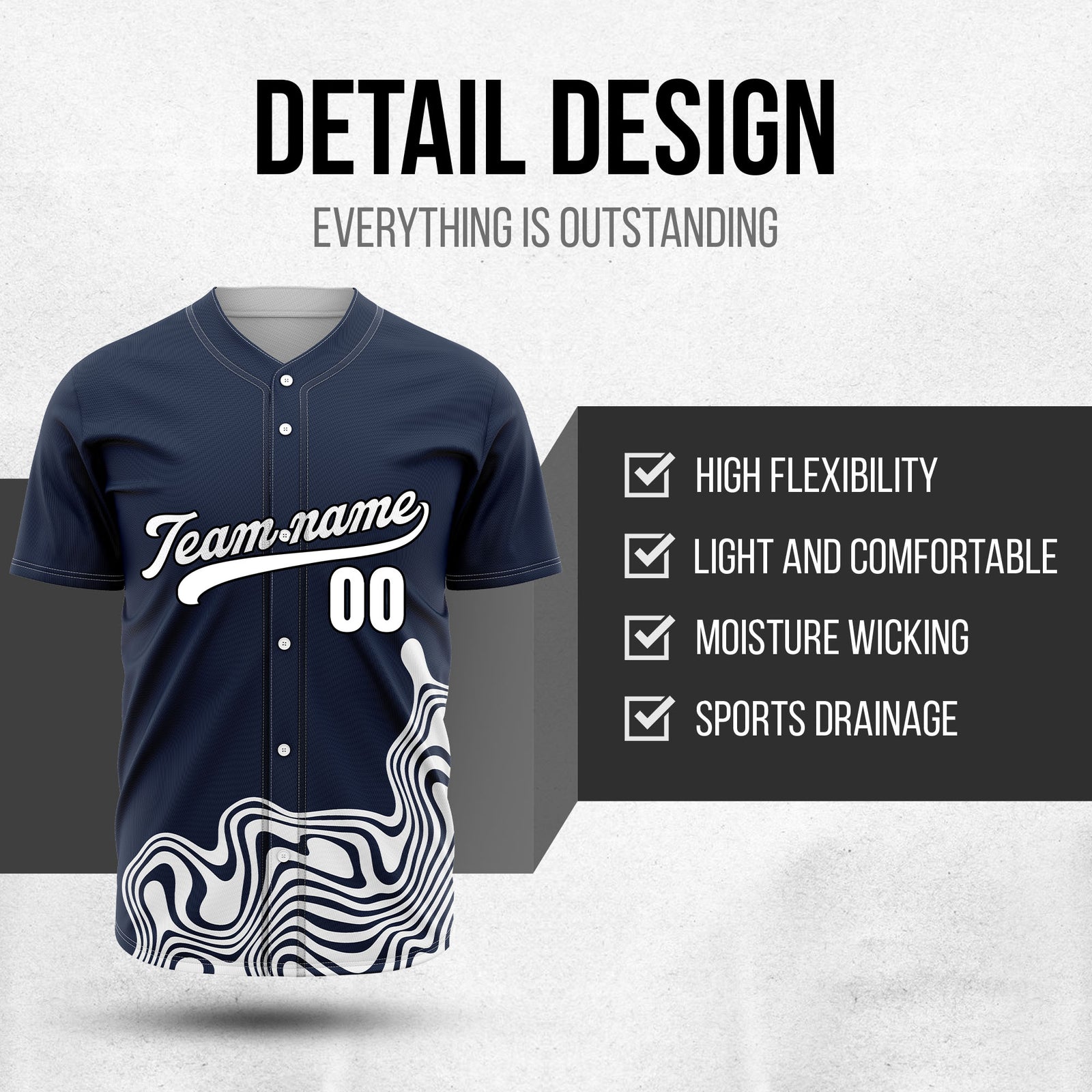 Custom Navy Baseball Wave Sports Jersey Personalized Uniform with Name & Number