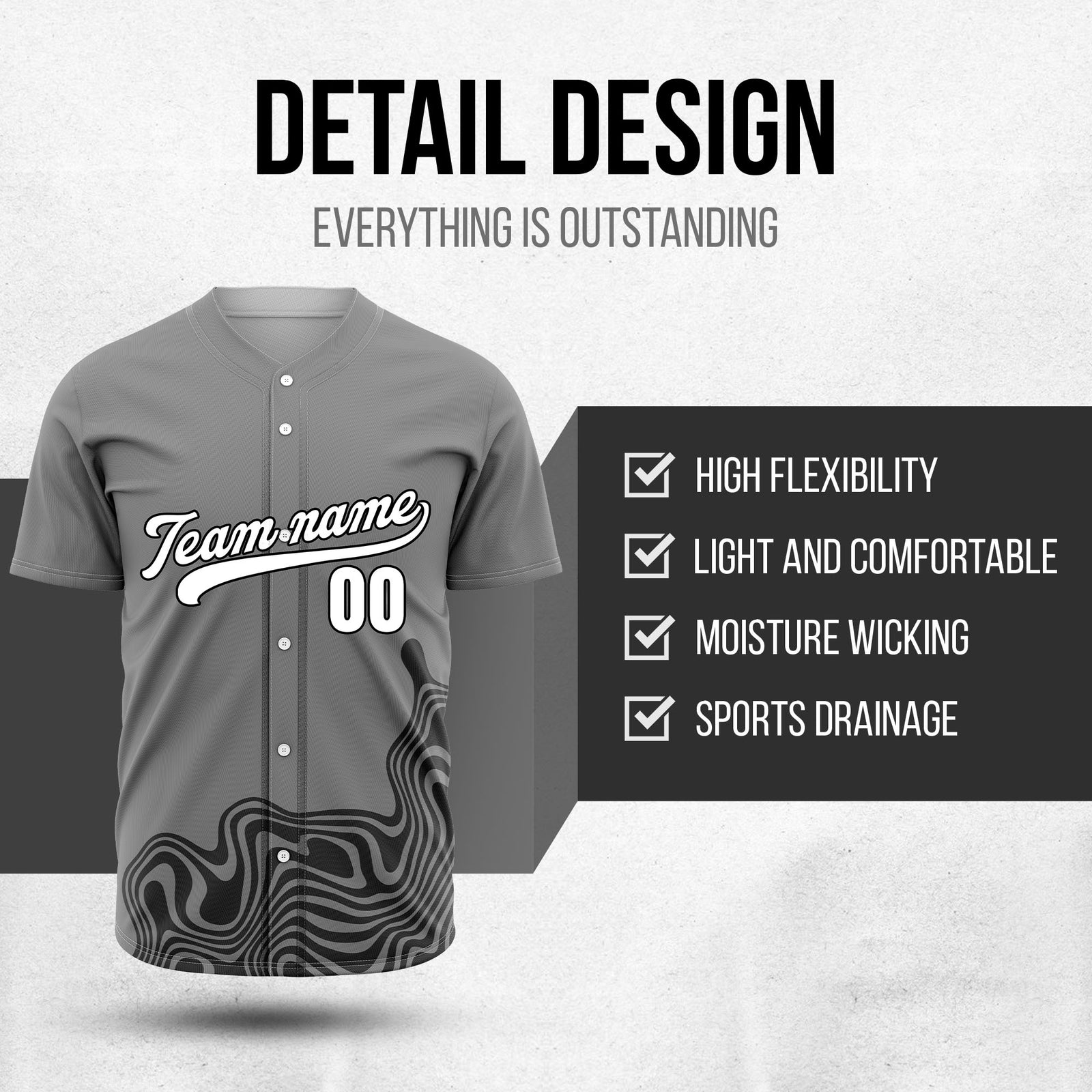 Custom Grey Baseball Wave Sports Jersey Personalized Uniform with Name & Number
