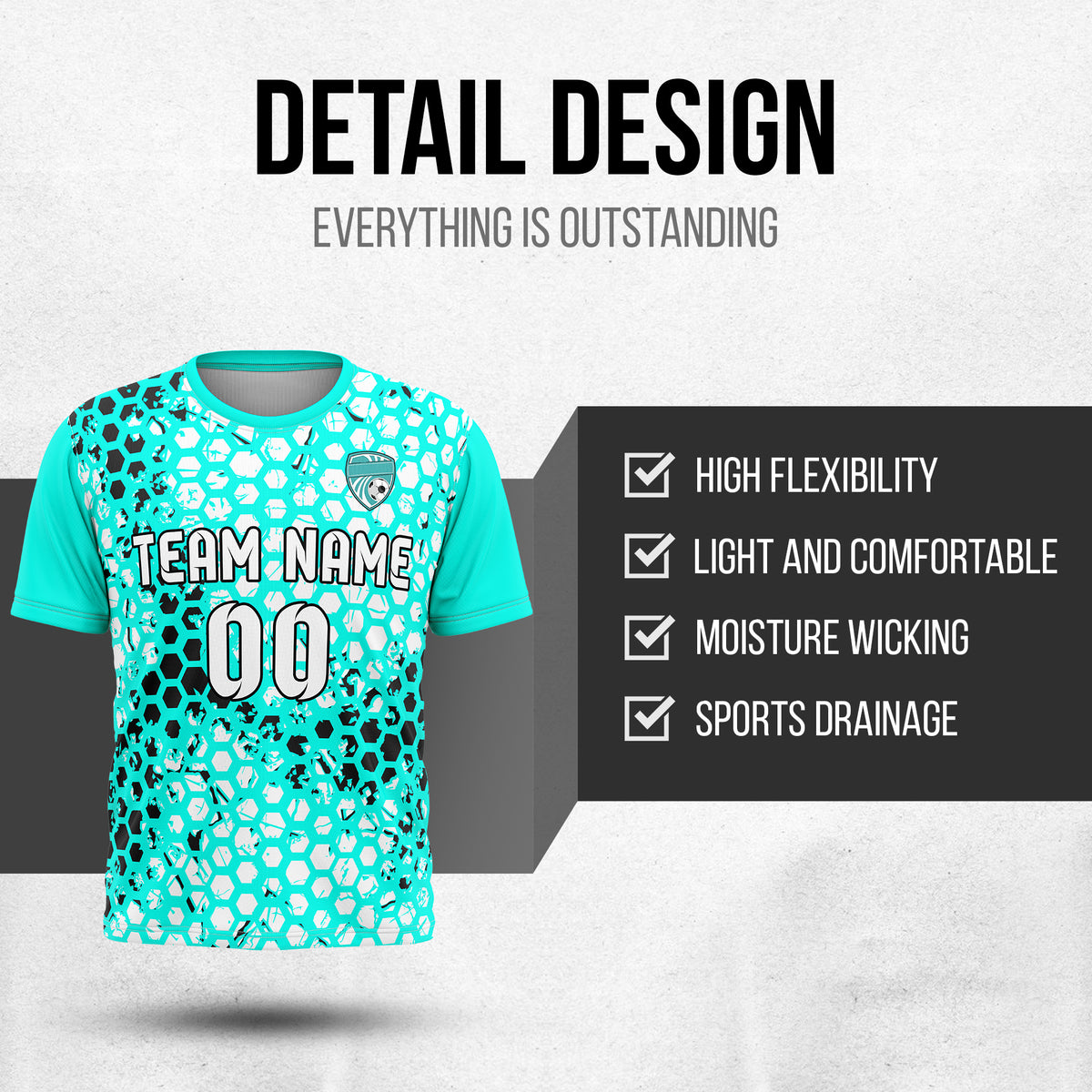 Custom Soccer Aqua Round Neck Hex Pattern Sports Tops Jersey