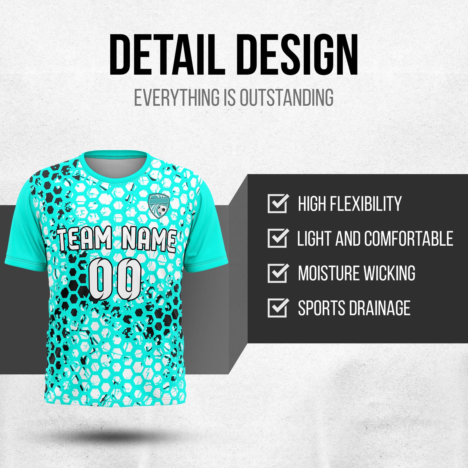 Custom Soccer Aqua Round Neck Hex Pattern Sports Tops Jersey
