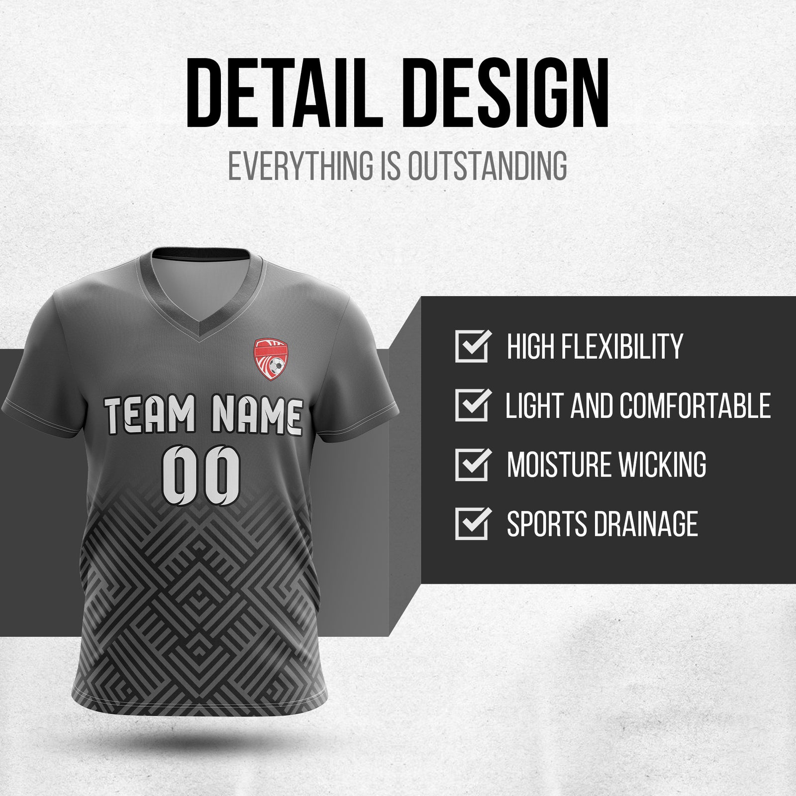 Custom Shadow Line V-Side Pattern Soccer Dark Grey Sport Tops Jersey